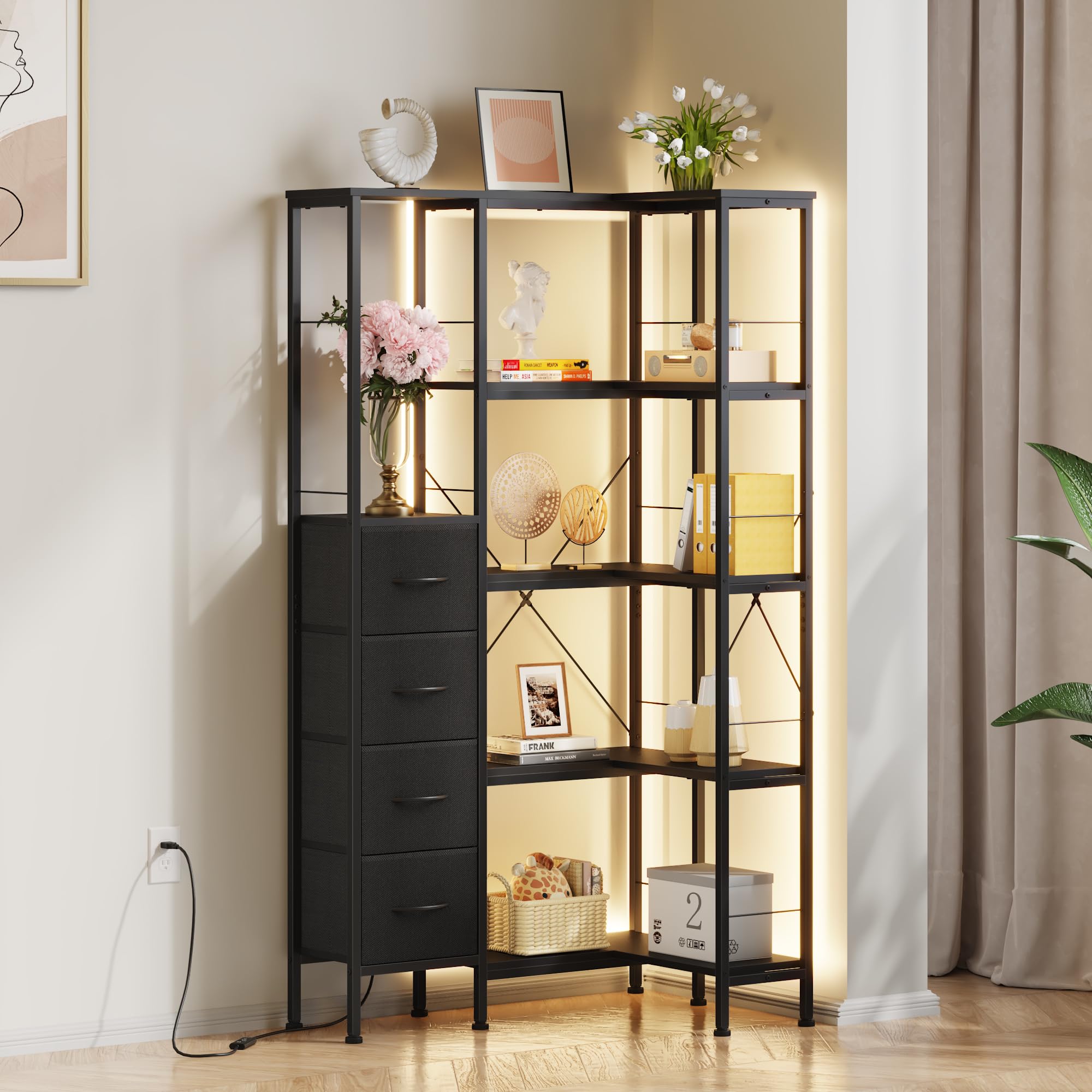 5 Tier Corner Shelf Standing with LED Lighting and 4 Drawers, Shelf, Bookcase, Kitchen Shelf, Shelves, Corner Cabinet, for Living Room, Bedroom, Office, Kitchen, Black