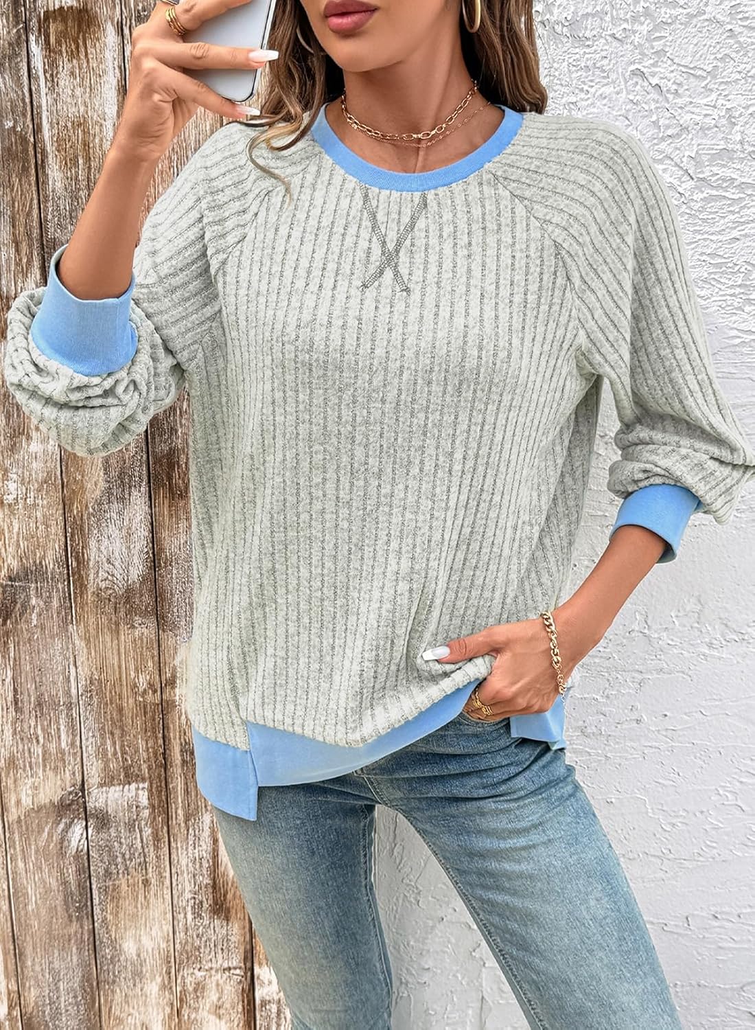 SHEWIN Women Color Block Patchwork Sweatshirt 2025 Fall Pullover Oversized Tops - Image 2