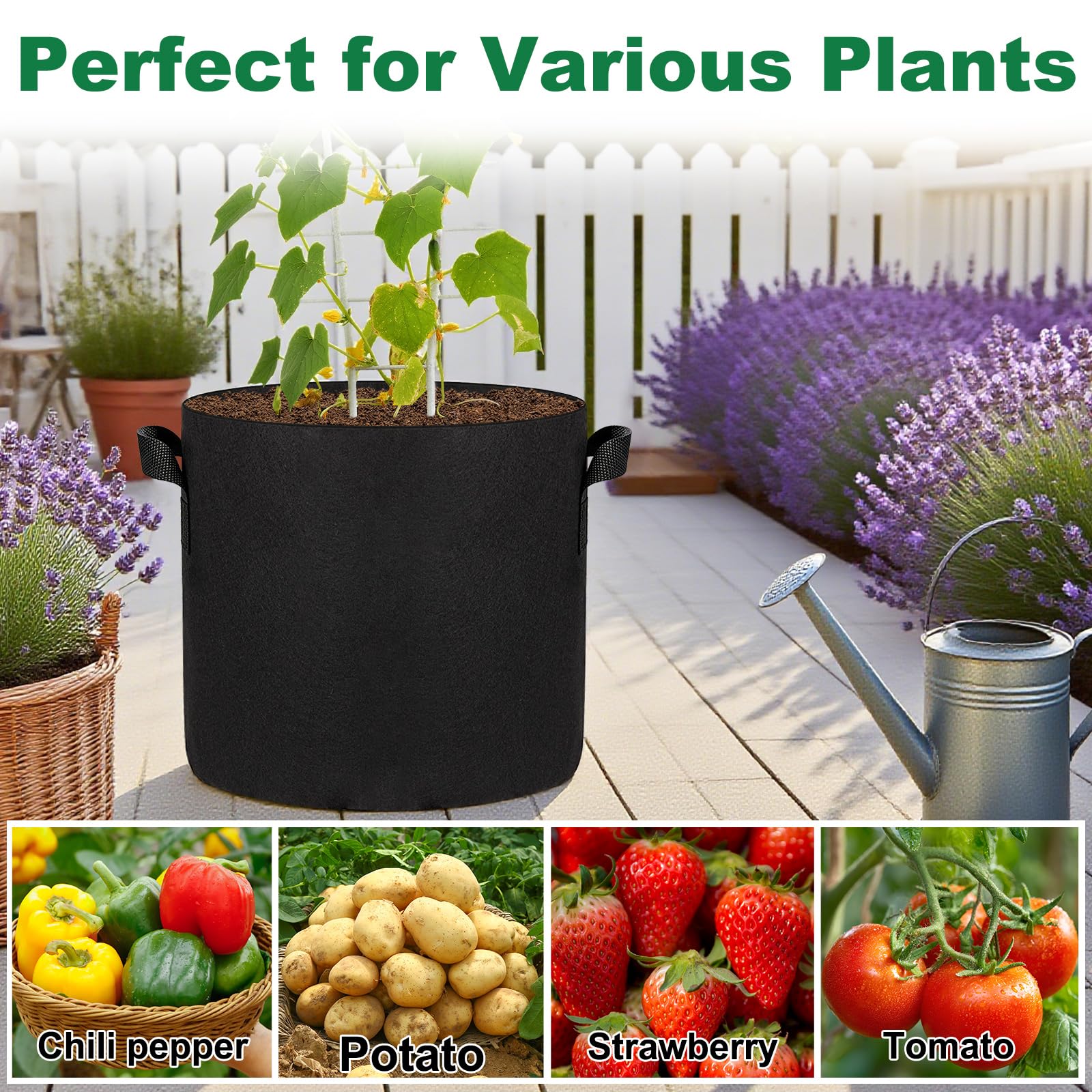 JERIA Lot de 12 Sacs de Culture pour légumes/Fleurs/Plantes, Pots d'aération en Tissu avec poignées (Noir), livrés avec 12 étiquettes pour Plantes