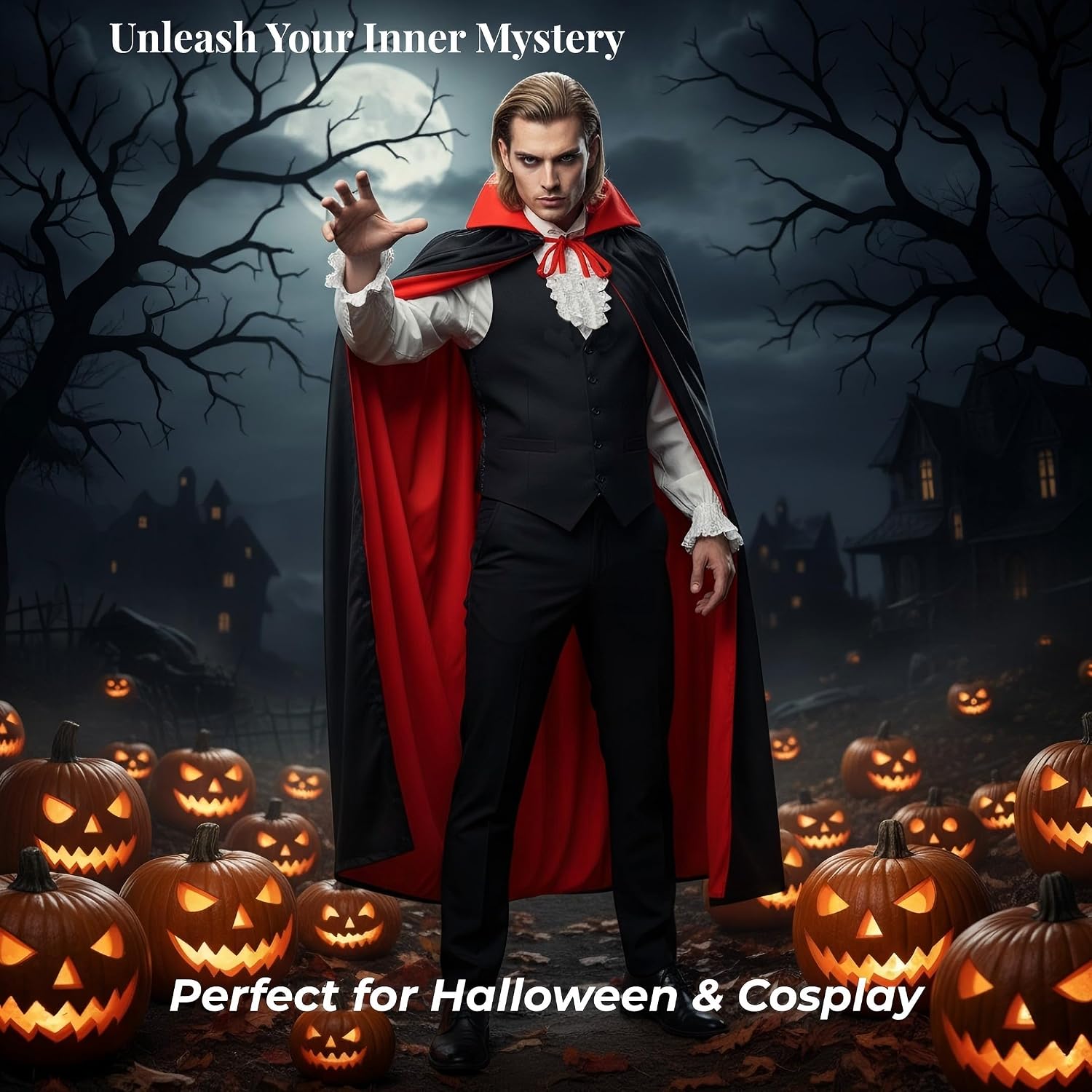 Reversible Cloak Unisex with Stand Collar Halloween Cosplay Costume Witch Black Red Robe Vampire Costume Full Length Masquerade Outfit for Men and Women