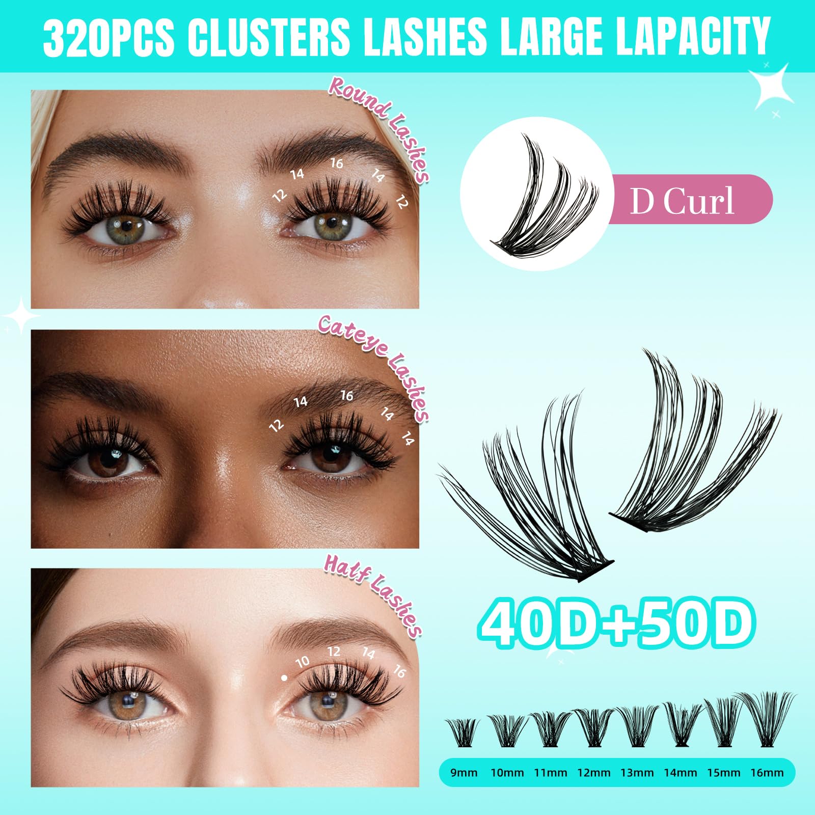 320 extension per ciglia, 320 pezzi, fai da te, 4050D, per ciglia, 5 secondi, per ciglia, a casa (4050D, 9-16MIX)