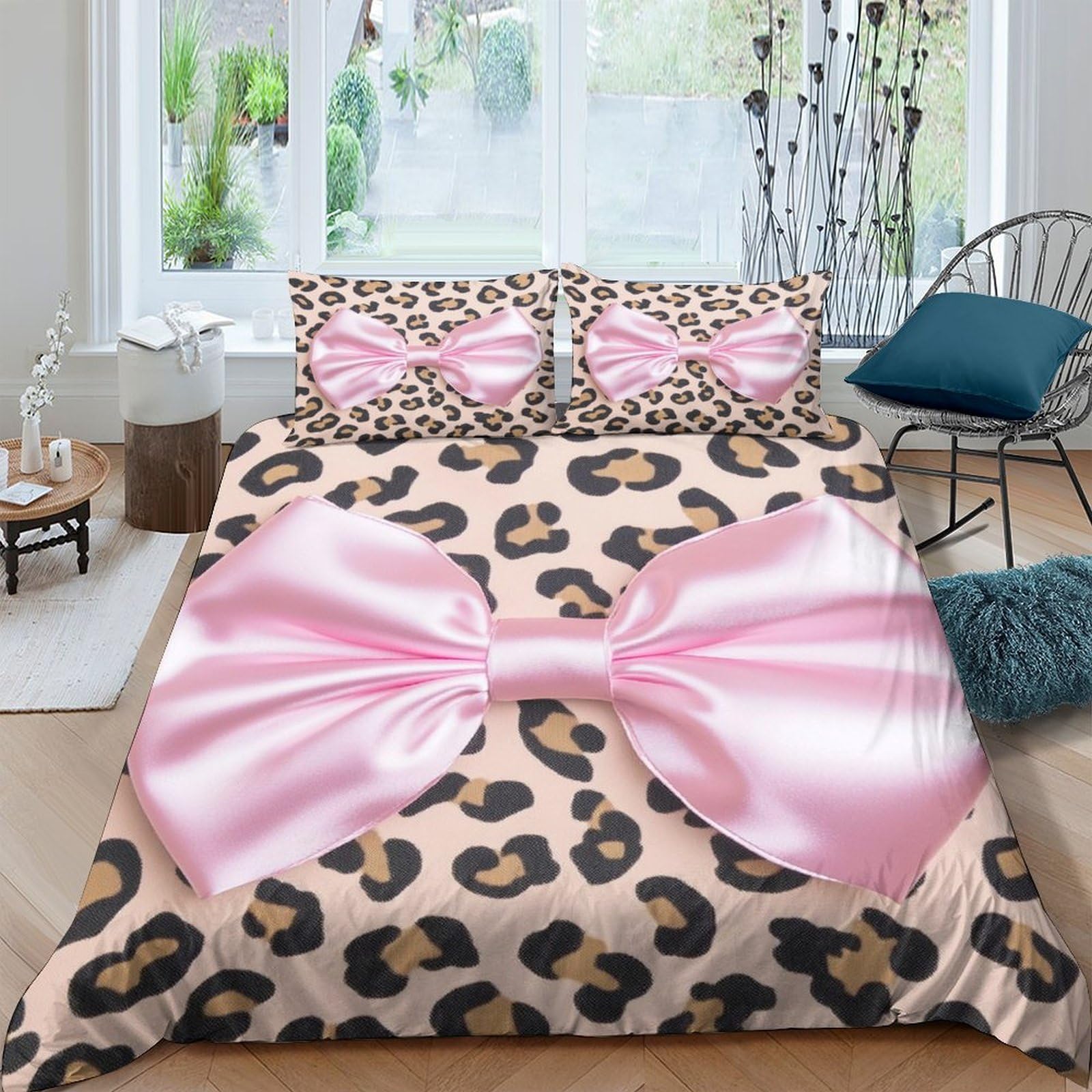 Ctjqhvkz Style-8 3D Printed Leopard Bow Fitted Sheet Microfiber Soft Pink Satin Bed Cover For Bedroom Dorm Mattress Decor Single（135X200cm）