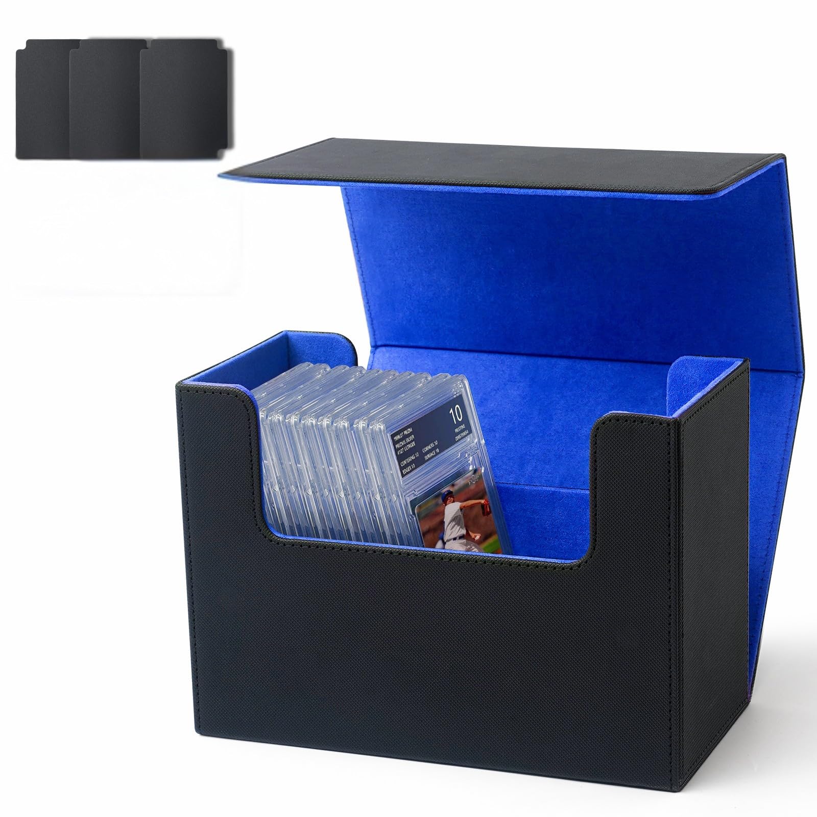 AWESOPAL Premium Graded Card Storage Box, PU Leather Case for PSA BGS Slabs, Toploader Holder for Trading & Sports Cards Fits 3” x 4” Rigid Cards (Black&Blue)