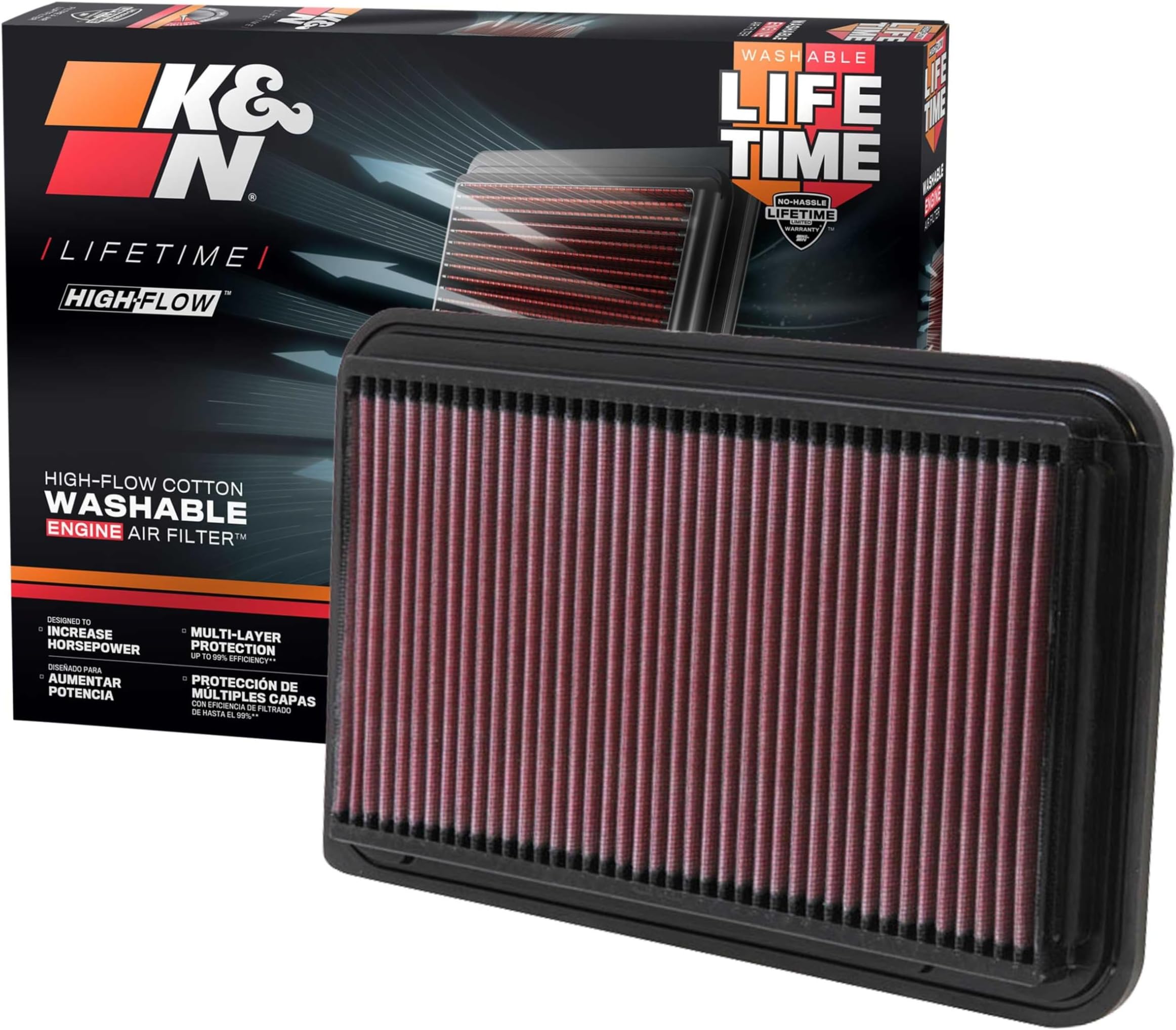 High-Flow Original Lifetime Engine Air Filter: Increase Power: Premium, Washable: Compatible with 2002-2012 Toyota/Lexus: ES300, ES330, RX300, RX330, Camry, Highlander, Sienna, Solara, 33-2260