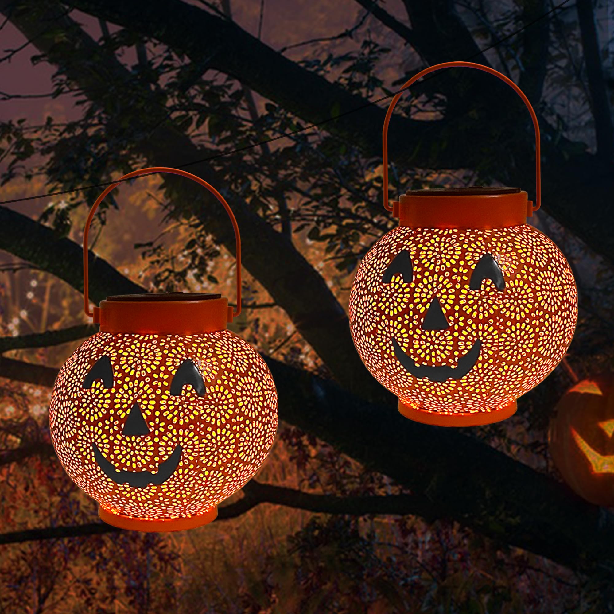 2 Pack Halloween Pumpkin Solar Lantern Outdoor Hanging