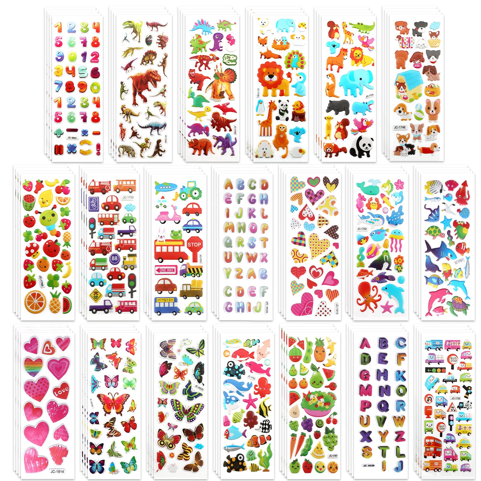 80pcs 3D Stickers for Kids Children Toddler Baby, Multiple Designs Self-Adhesive Puffy Stickers Includes Animals Numbers Letters Alphabet Fruits Cars for Scrapbooking Water Bottles Journal DIY Crafts