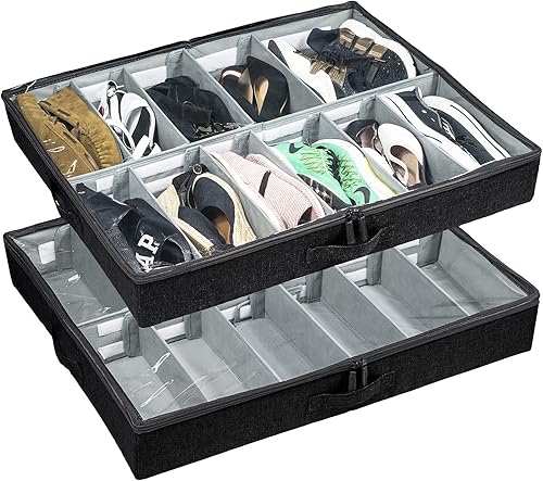 storageLAB Almacenamiento de zapatos debajo de la cama, organizador de zapatos debajo de la cama con cubierta superior transparente y lados