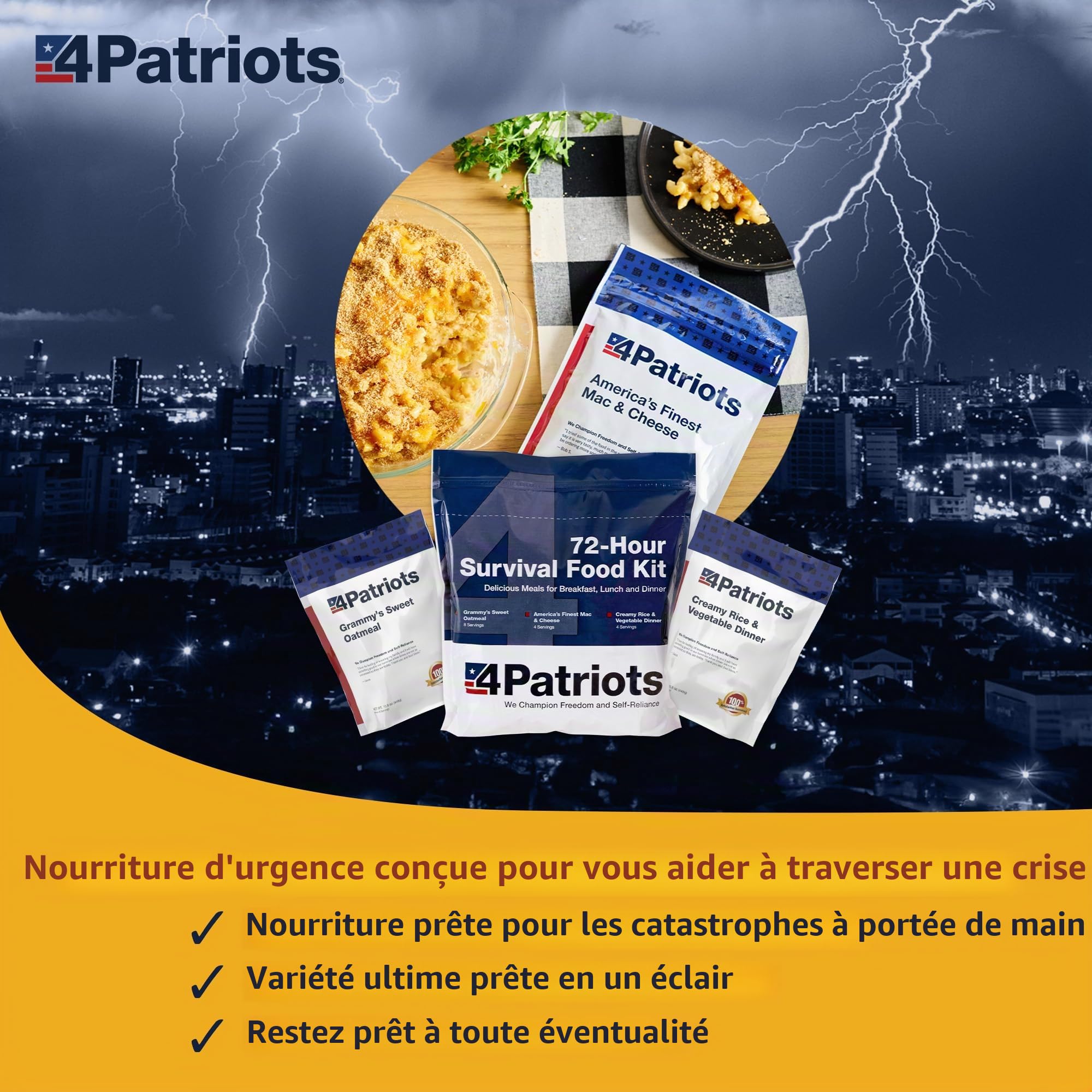 4Patriots Kit alimentaire de survie 72 heures : nourriture d'urgence résistante aux catastrophes avec une incroyable variété conçue pour durer 25 ans dans des sachets alimentaires d'urgence, 20