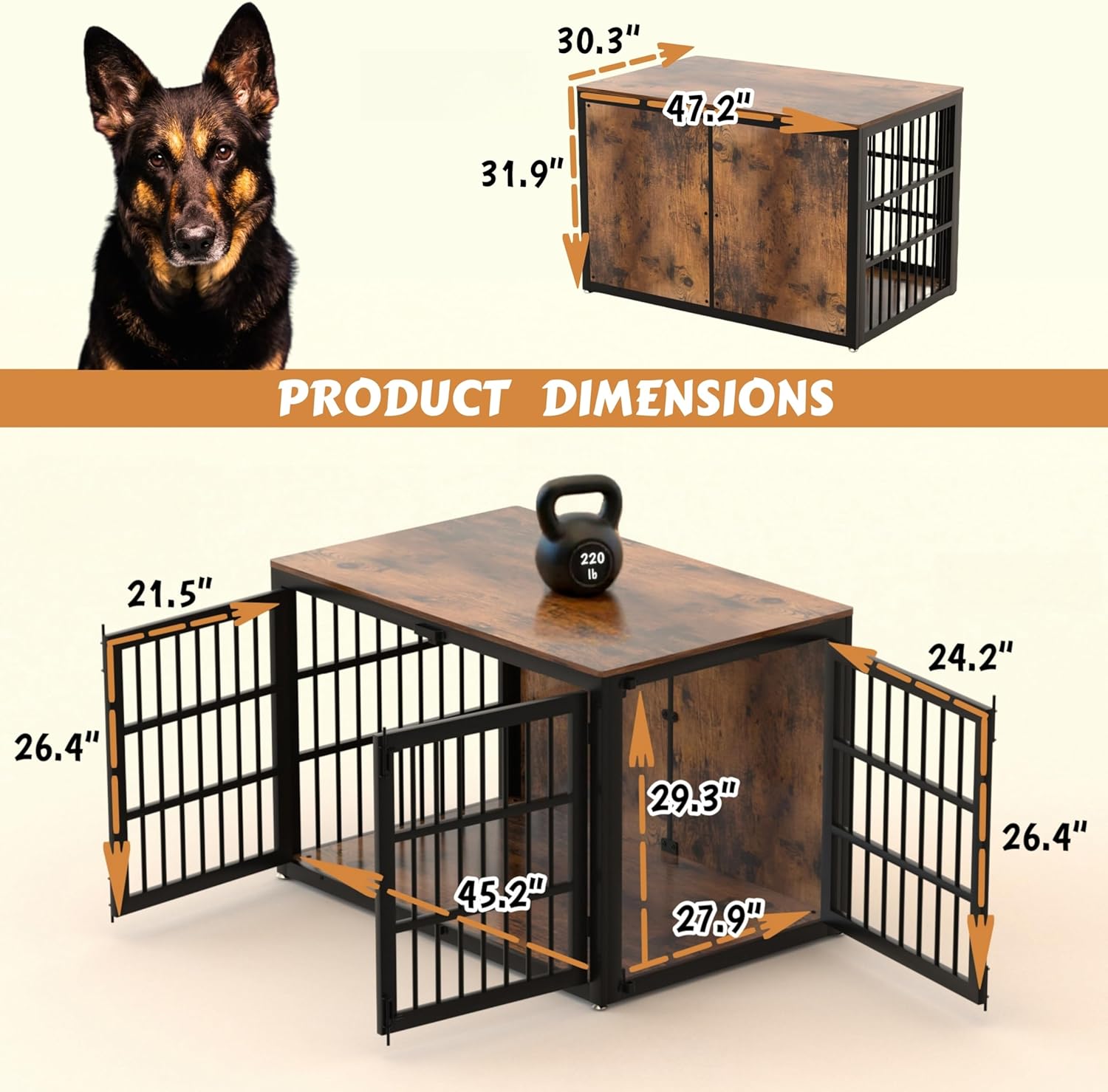 48" Heavy Duty Dog Crate Furniture, Wooden Dog Cage Kennel for Lrage and Extra Large Dogs, Dog Kennel Indoor with Side Door, Decorative Pet House End Table, Brown