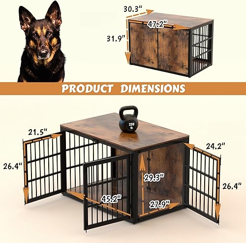Miniatura 2 de Muebles resistentes de 48 pulgadas, jaula de madera para perros Lrage y perros extra grandes, perrera interior con puerta lateral, mesa auxiliar