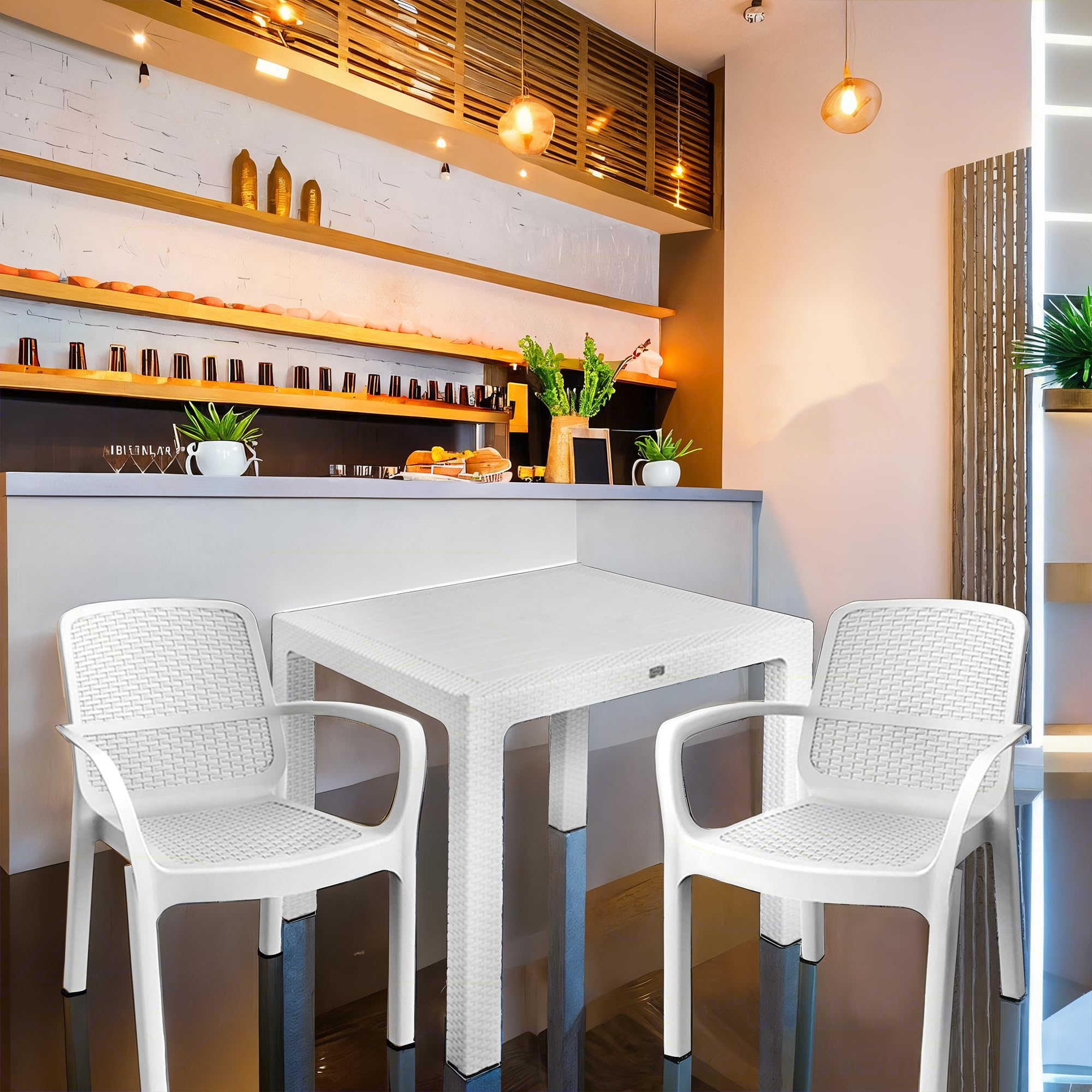 Sicignano | Set per Esterni Sedia Numana Tavolo 90x90cm, Impermeabili, Impilabili, Resistente UV, Ideale per Interno Esterno Bar Ristoranti Locali Commerciali (1, 4 Sedie 1 Tavolo)