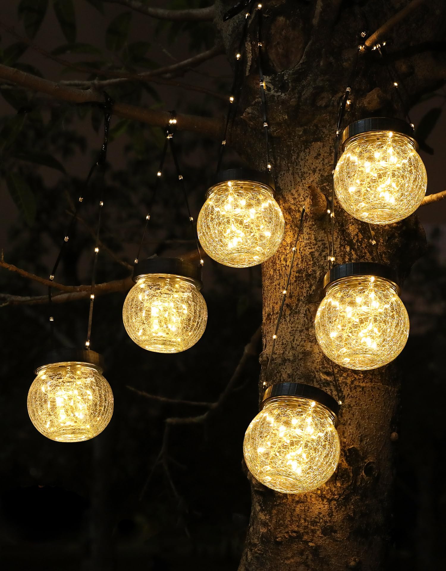 Solar Lanterns Solar Lights Outdoor Waterproof 6-Pack, Solar Powered Hanging Lights Cracked Glass Hanging Globes for Christmas Decoration, Shepherd Hook, Garden Tree Ornaments