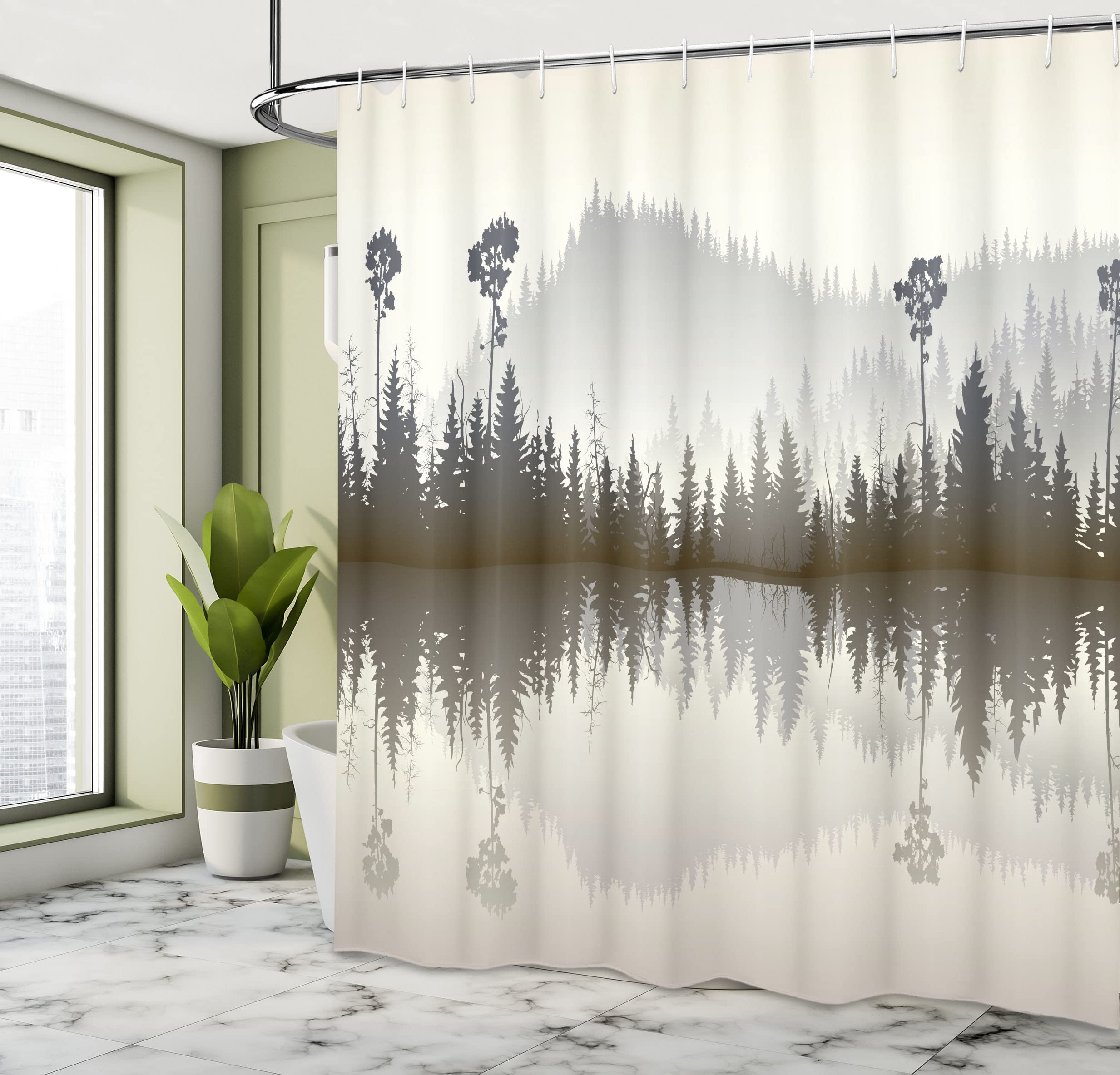 ABAKUHAUS Forest Shower Curtain, Misty Northern Nature Jungle with Hills and River at Dusk Water Reflection - Image 4