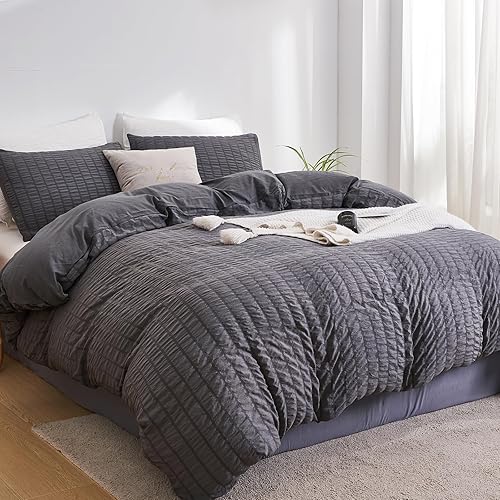 Miniatura 2 de DuShow - Juego de funda de edredón con lino ultra suave, sirsaca, cierre de cremallera y color liso, 3 piezas