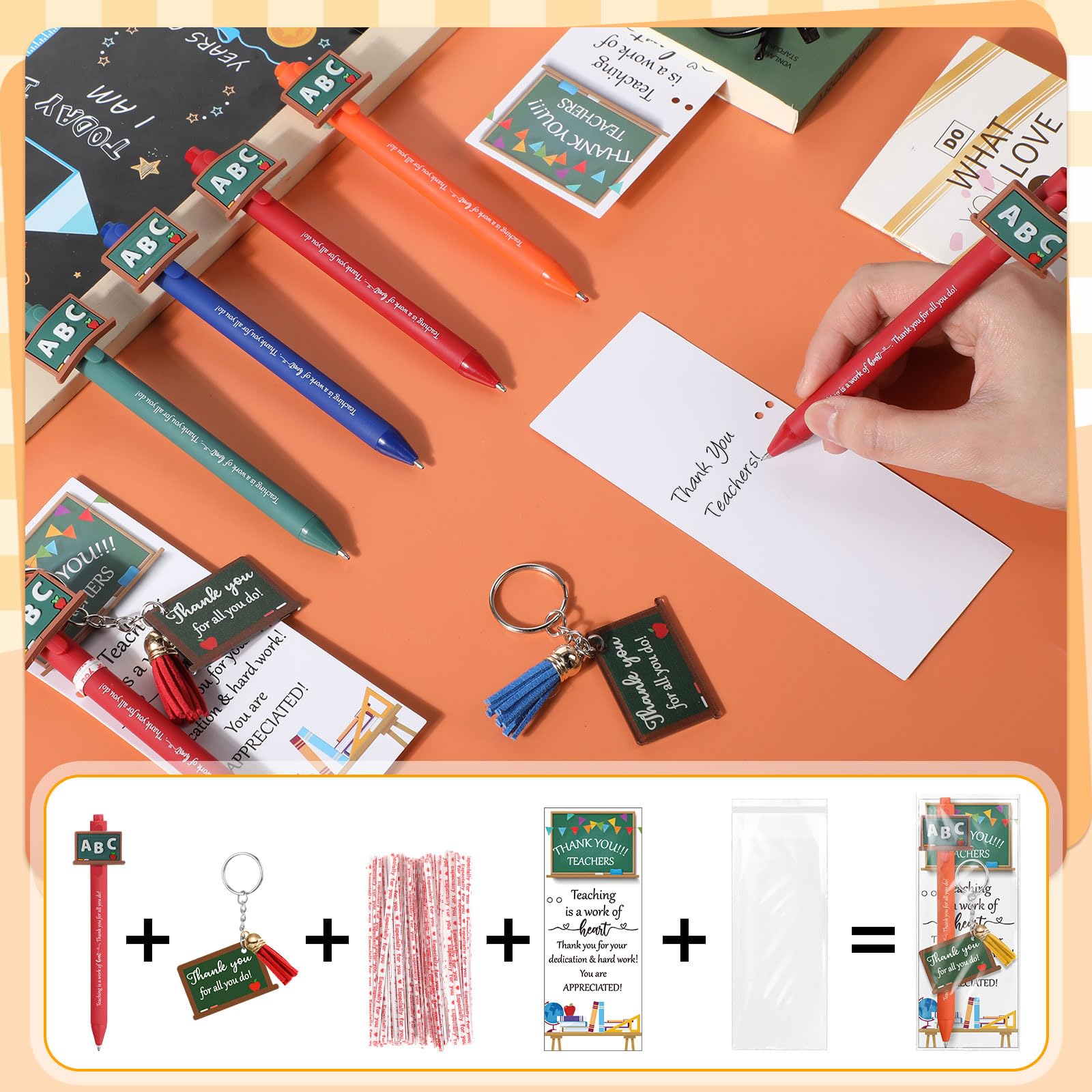Kosiz 24 Sets Lehrer-Wertschätzungsgeschenke für Lehrer für Damen und Herren, inklusive einziehbarem Kugelschreiber, Dankeschön-Schlüsselanhänger, inspirierende Grußkarte mit Krawatten
