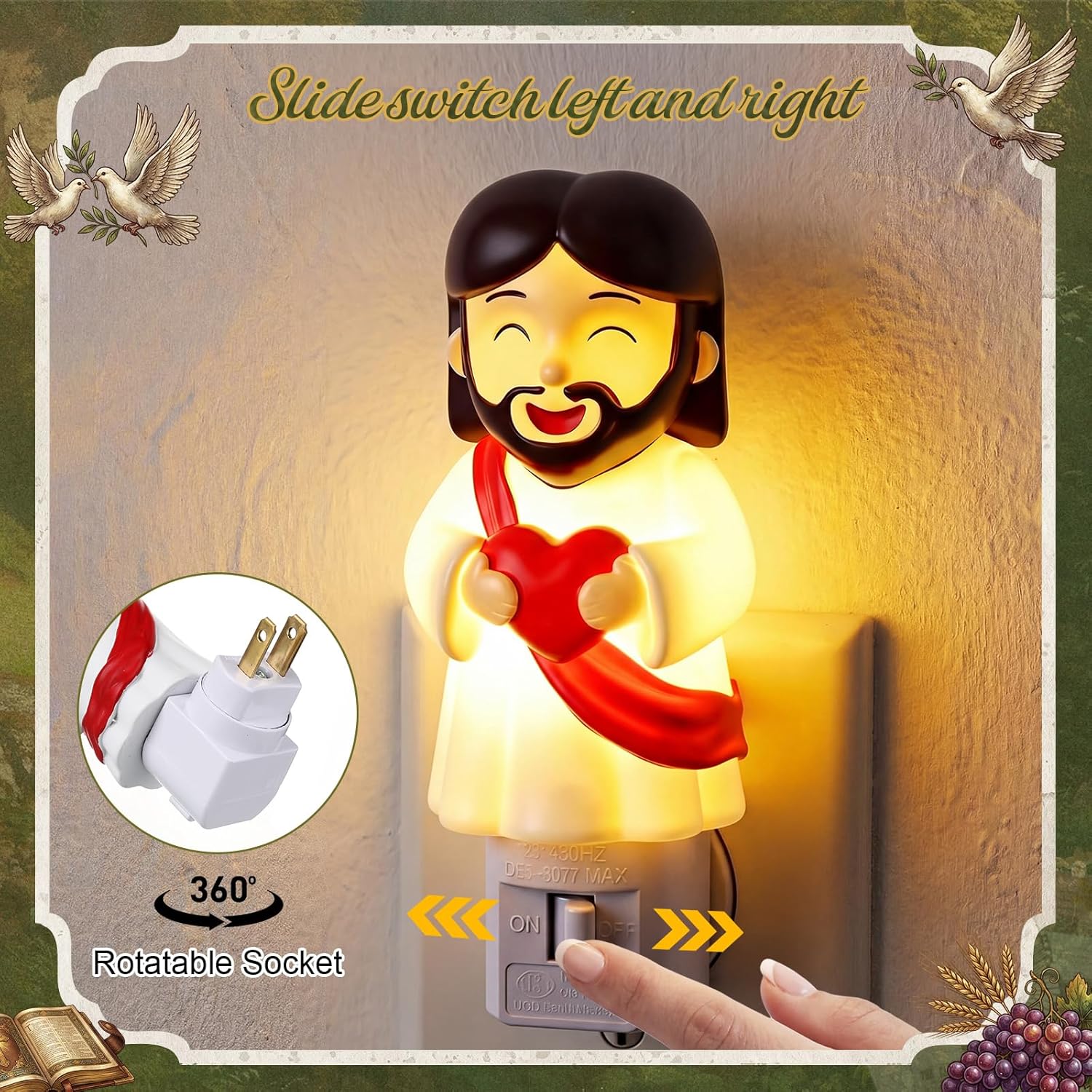 Lewtemi Easter Jesus Night Light Plug into Wall, Cute Christian Nightlight with 360° Rotatable Warm Lamp, Smiling Decor for Bedroom, Hallway & Uplifting Religious Gift(Red,Jesus)