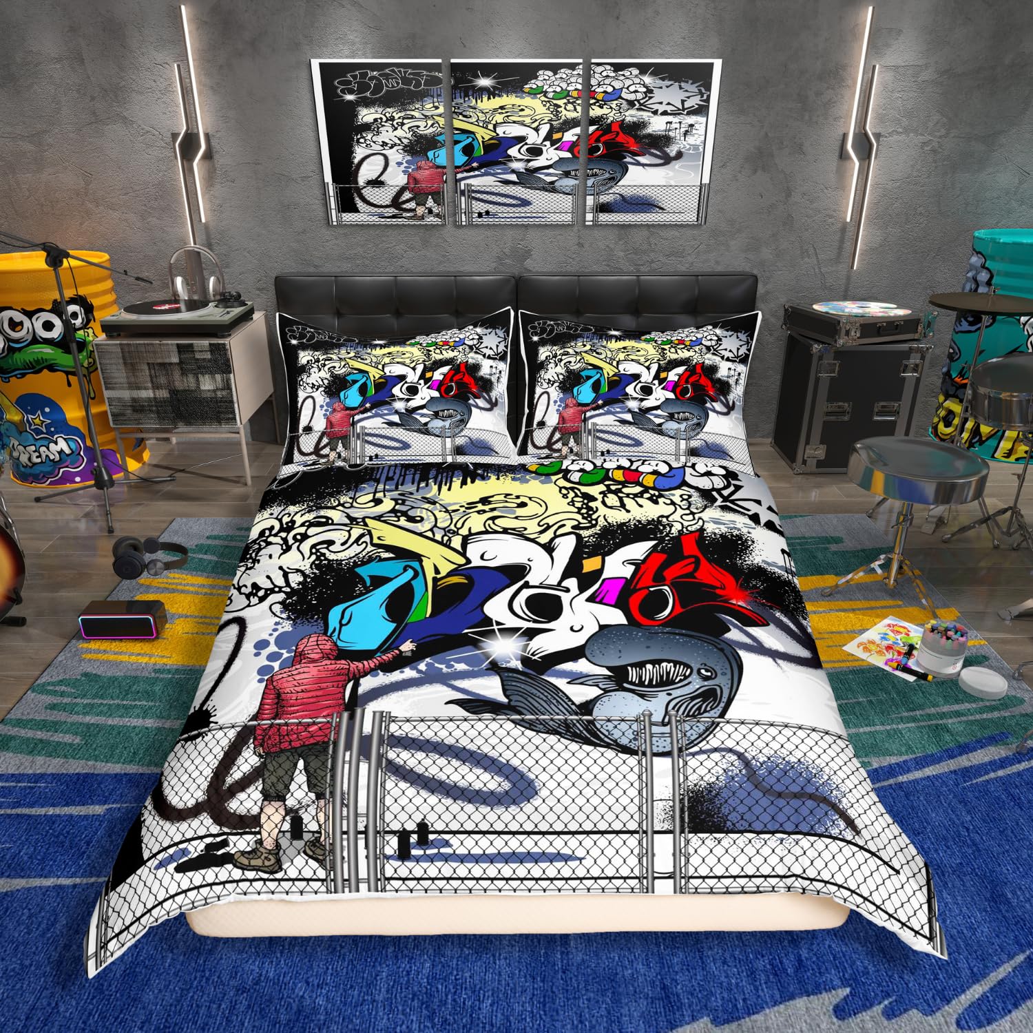 Homewish Graffiti King Duvet Cover Set Teenage Boy Hip Hop Bedding Sets for Kids Graffiti Wall Art Design Comforter Cover Abstract Hippie Urban Doodle Pattern Duvet Set - Image 2