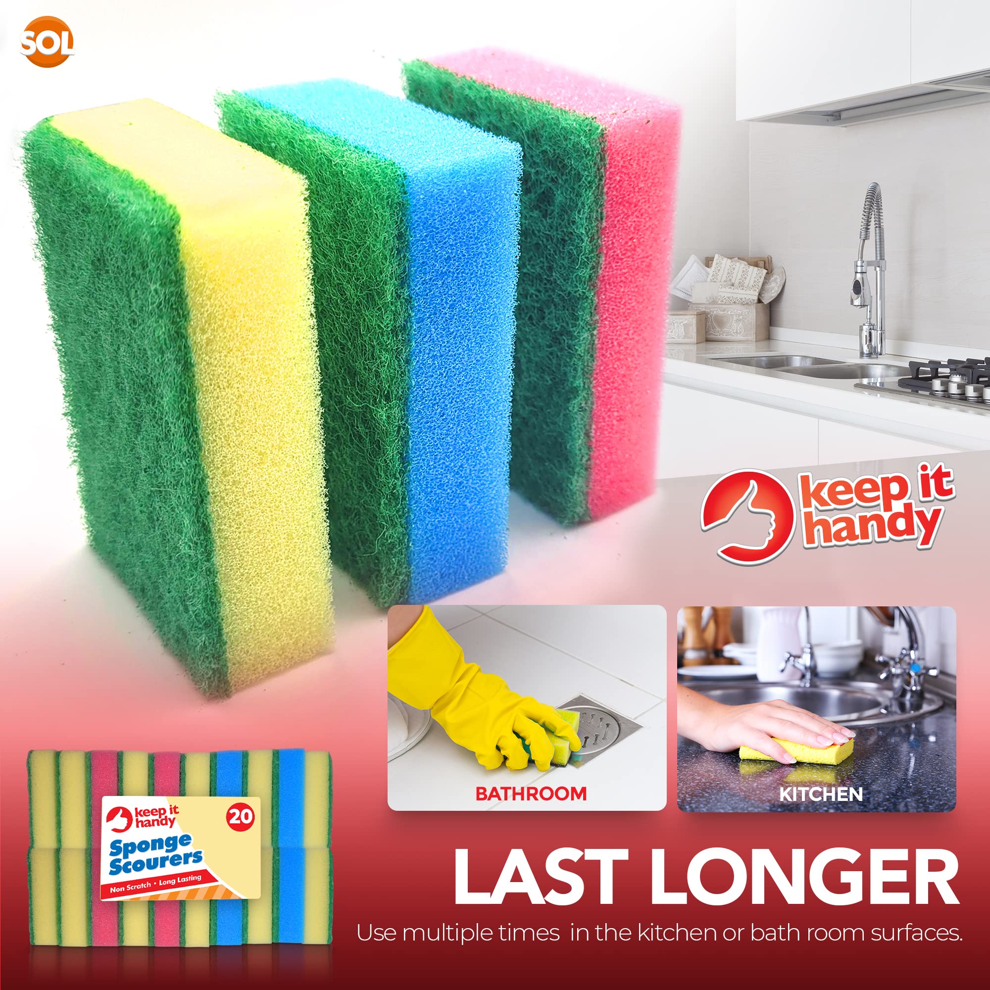 SOL 20pk Small Sponge Scourers for Kitchen, Blue, Pink, Yellow Washing Up Sponges - Image 2