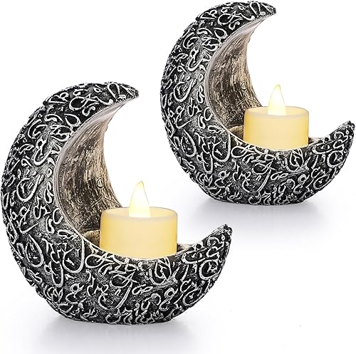 OwnMy Juego de 2 portavelas en forma de luna de resina, portavelas votivas, elegantes portavelas votivas, portavelas retro de plata con pilar de