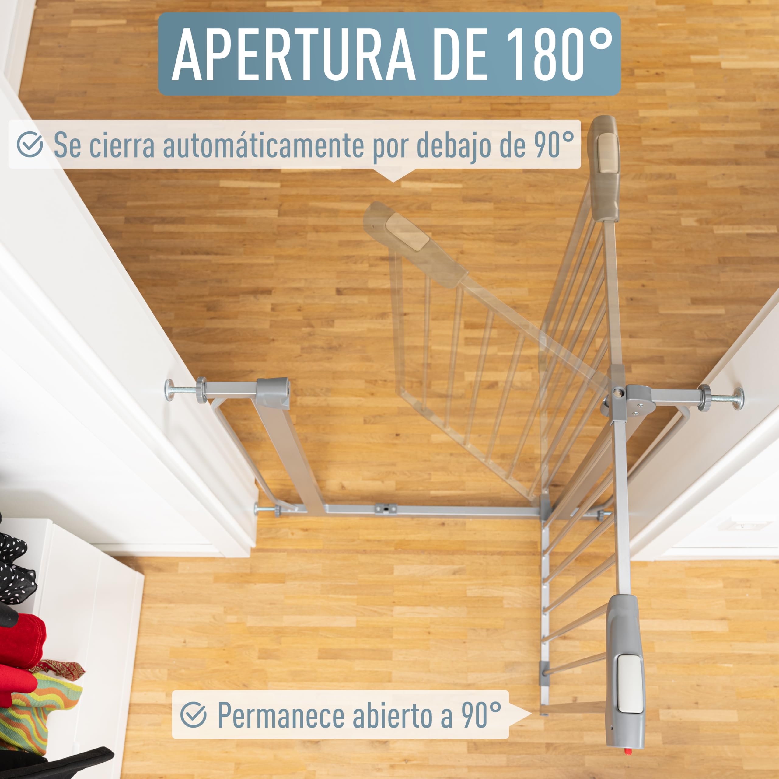 IB-Style - Barrera de seguridad para puerta/escalera «Kaya» | 75-175 cm | Color gris/plata | Se cierra automáticamente | 90° fijación | Doble cierre | Ajustable de 105-115 cm