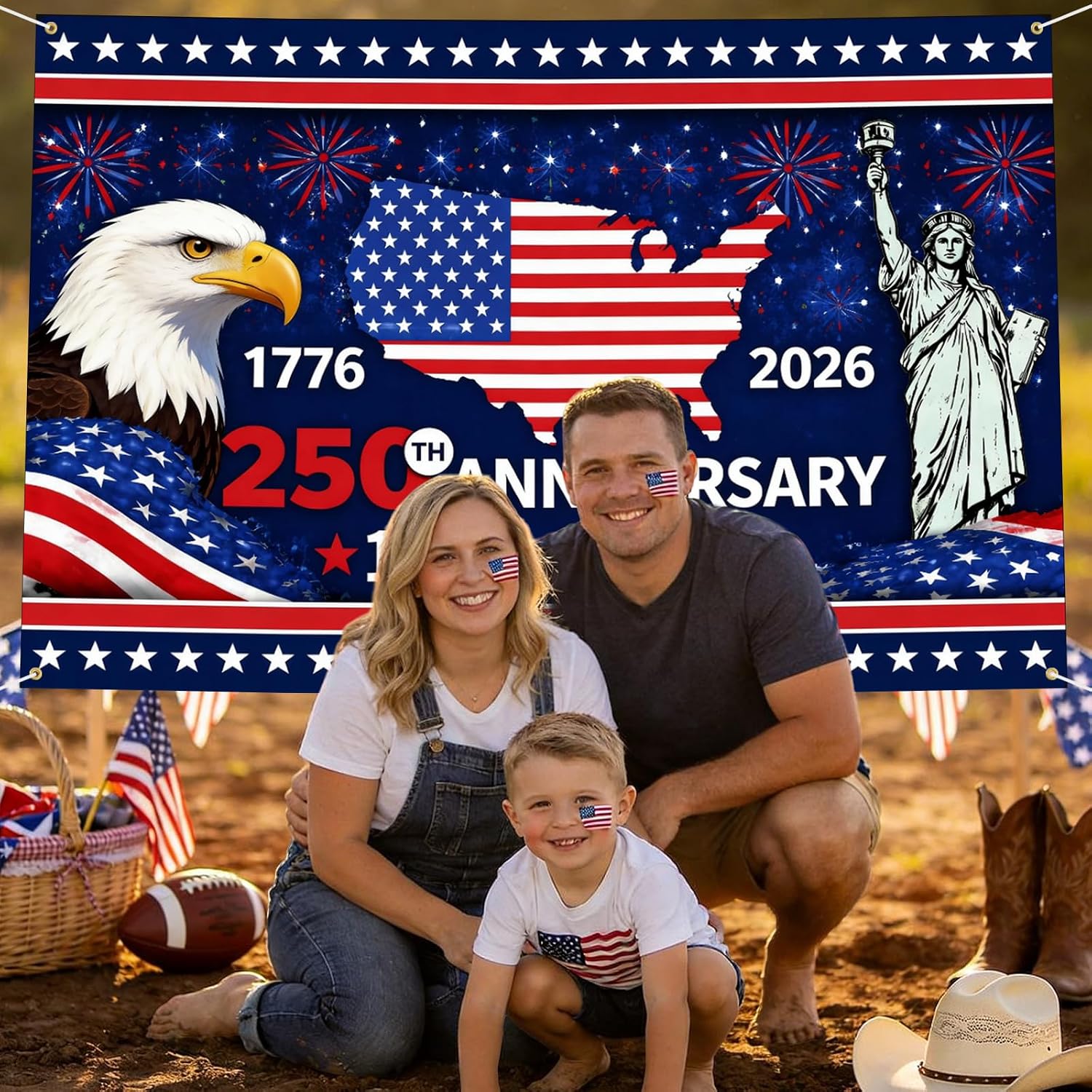 7 x 5 FT 250th Anniversary America Flag Backdrop, Patriotic American Eagle Map Hanging Photo Background Photography Booth Prop for Independence Day, 4th of July, 1776-2026 Anniversary Decorations