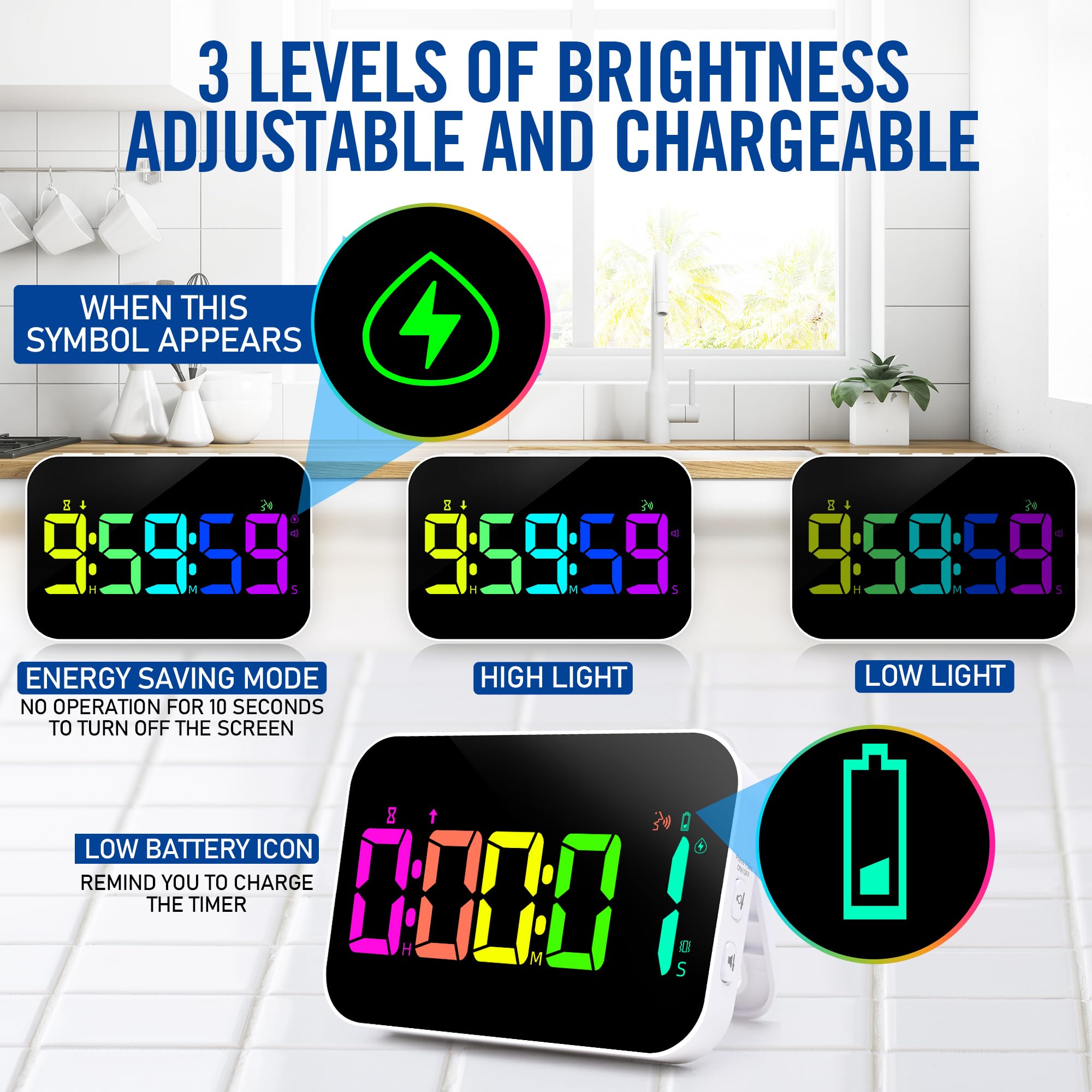 Küchentimer zum Kochen, 10 RGB-Farbwechsel, digitaler magnetischer Timer, Countdown/Up, wiederaufladbar, 3 Helligkeitsanzeige, 3 Lautstärkestufen und Vibrationsmodus, für Klassenzimmer, Studium,