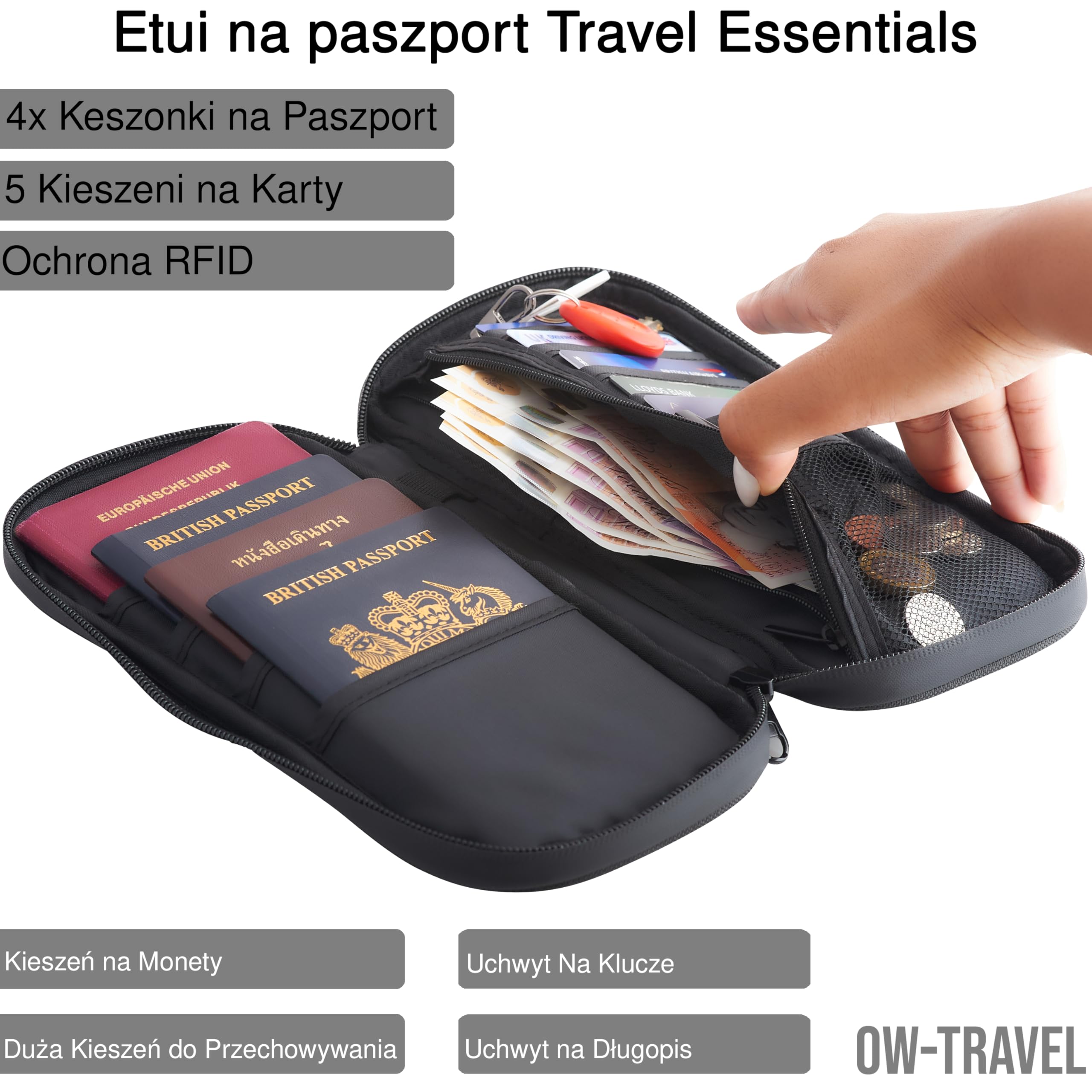 OW-Travel Etui na Paszport i Dokumenty (czarny) z ochroną RFID. Pojemne etui na paszport 4 paszporty na bilety lotnicze. Dołączone paski na nadgarstek i szyję bez użycia rąk