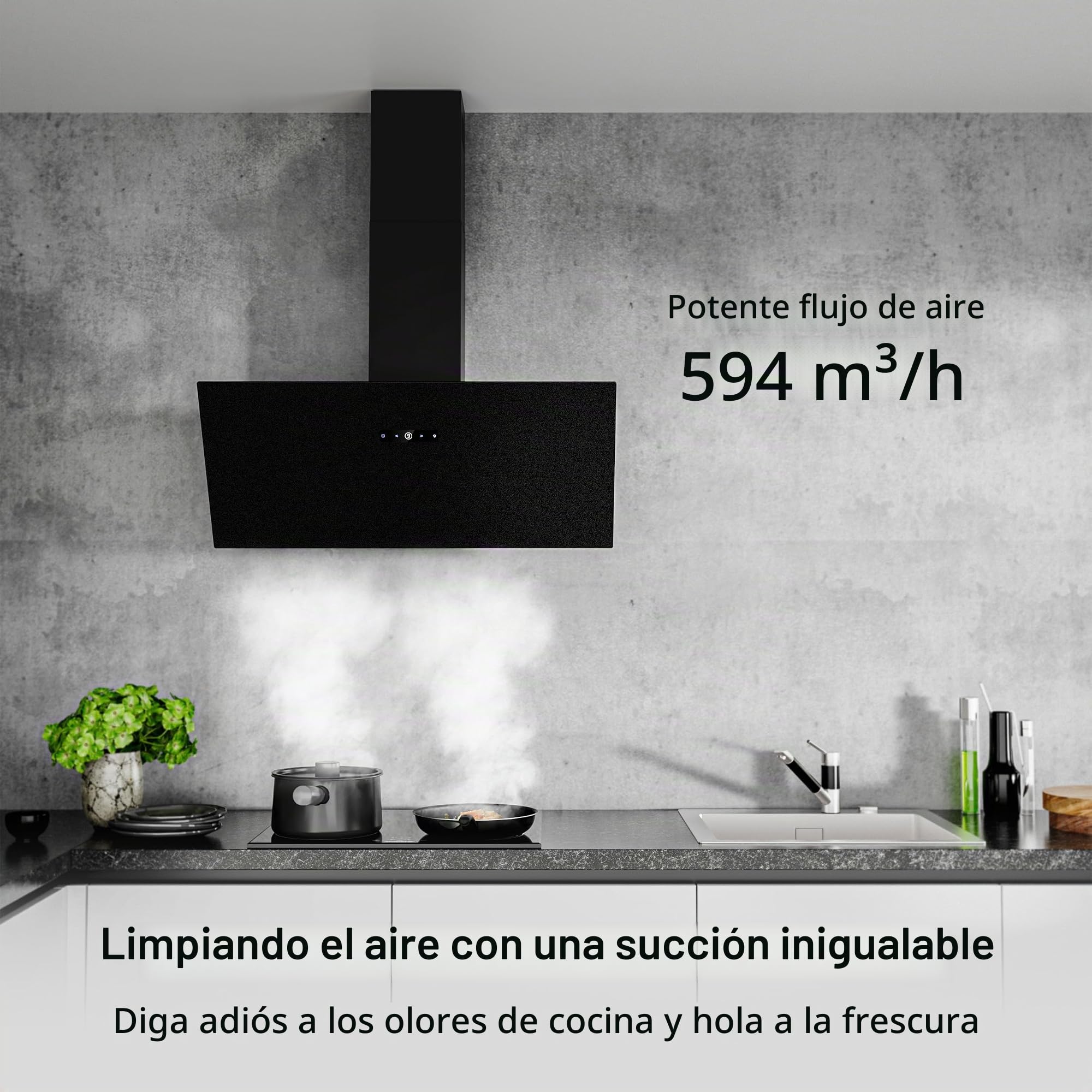 FIREGAS Campana extractora 90 cm, Extractor inclinado, Motor sin escobillas, 594m³/h, LEDs, Recirculante y Extracción, Filtro de carbón incluido - Ideal para cocinas familiares