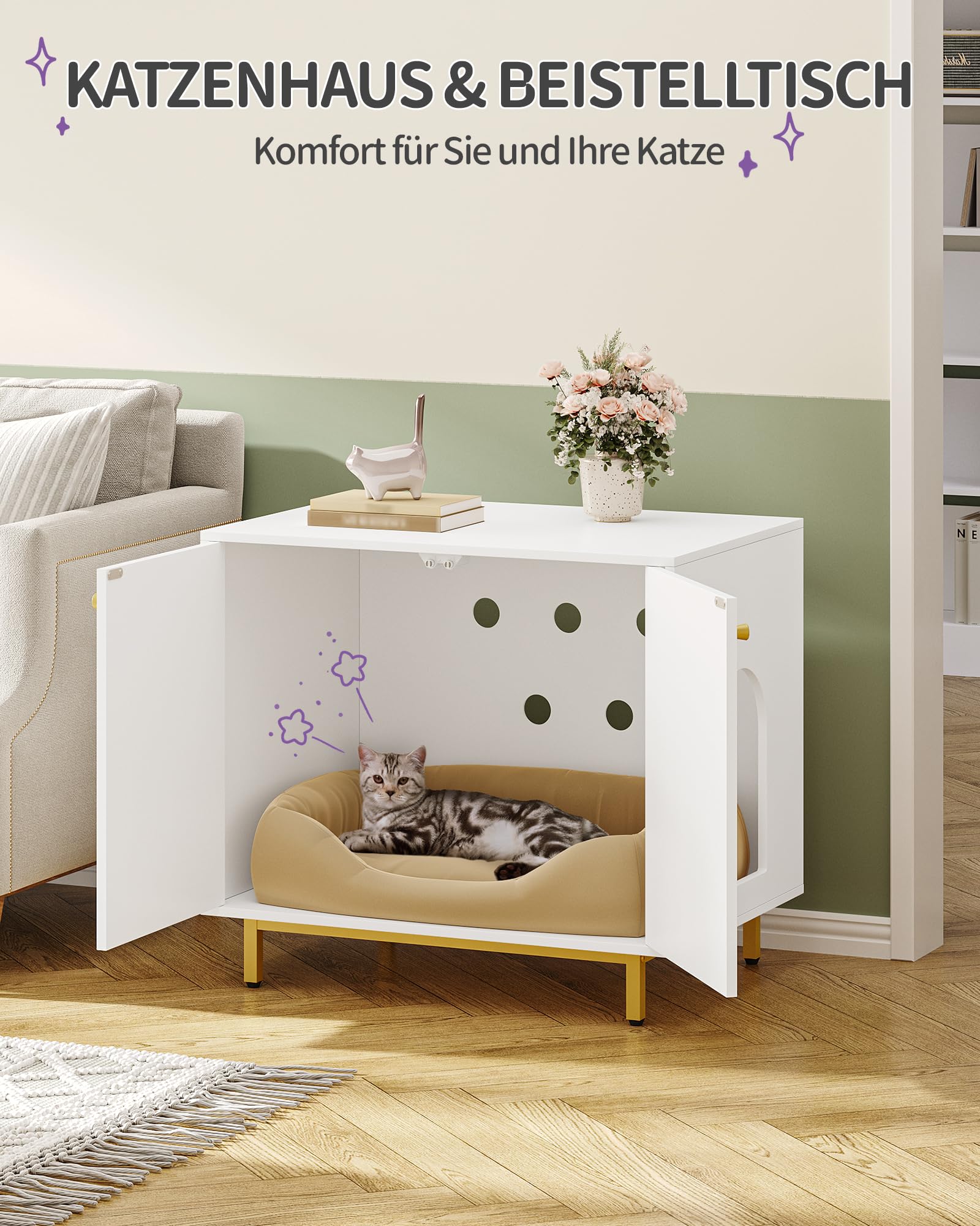 Hzuaneri Katzenschrank, Katzentoilette, Katzenklo Schrank, Katzenhaus mit Tür, Hölzerner Beistelltisch für das Haustierhaus, 80 x 50 x 70 cm, Stabile Katzenschrank, Weiß und Gold CB85003G