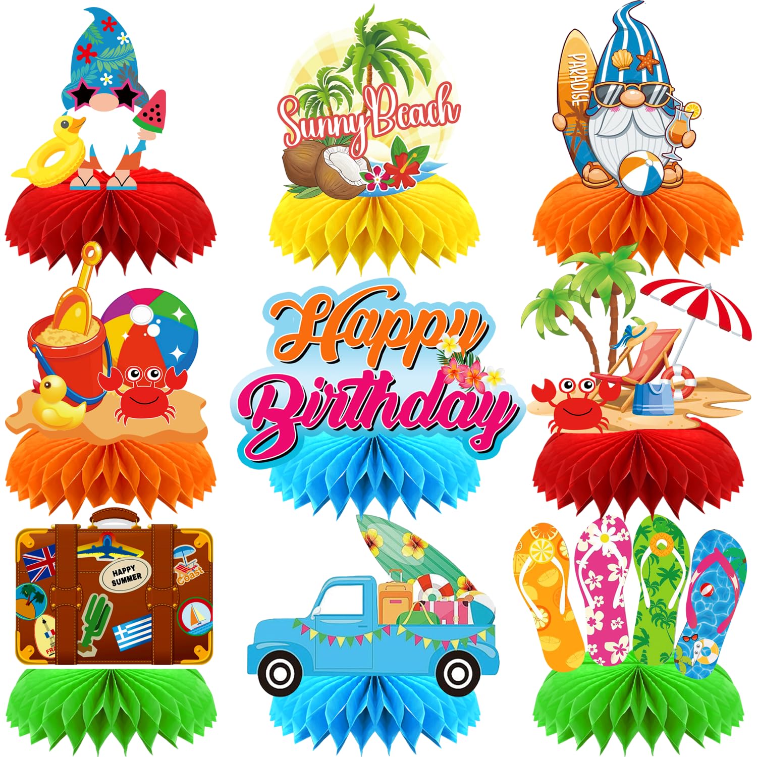 Summer Birthday Party Decorations, Happy Birthday Table Decorations, Summer Beach Birthday Table Centerpieces, 9Pcs