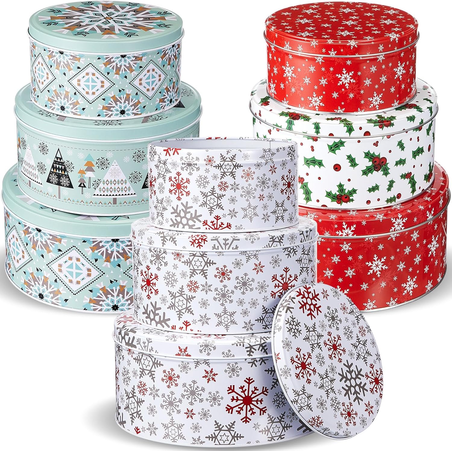Yaomiao 9 Pcs Christmas Cookie Tins Set 3 Sizes Decorative Cookie Boxes Christmas Tins with Lids Holiday Treats Round Metal Nesting Containers Candy Biscuits Treat Boxes(Berries,Snowflakes,Tree)