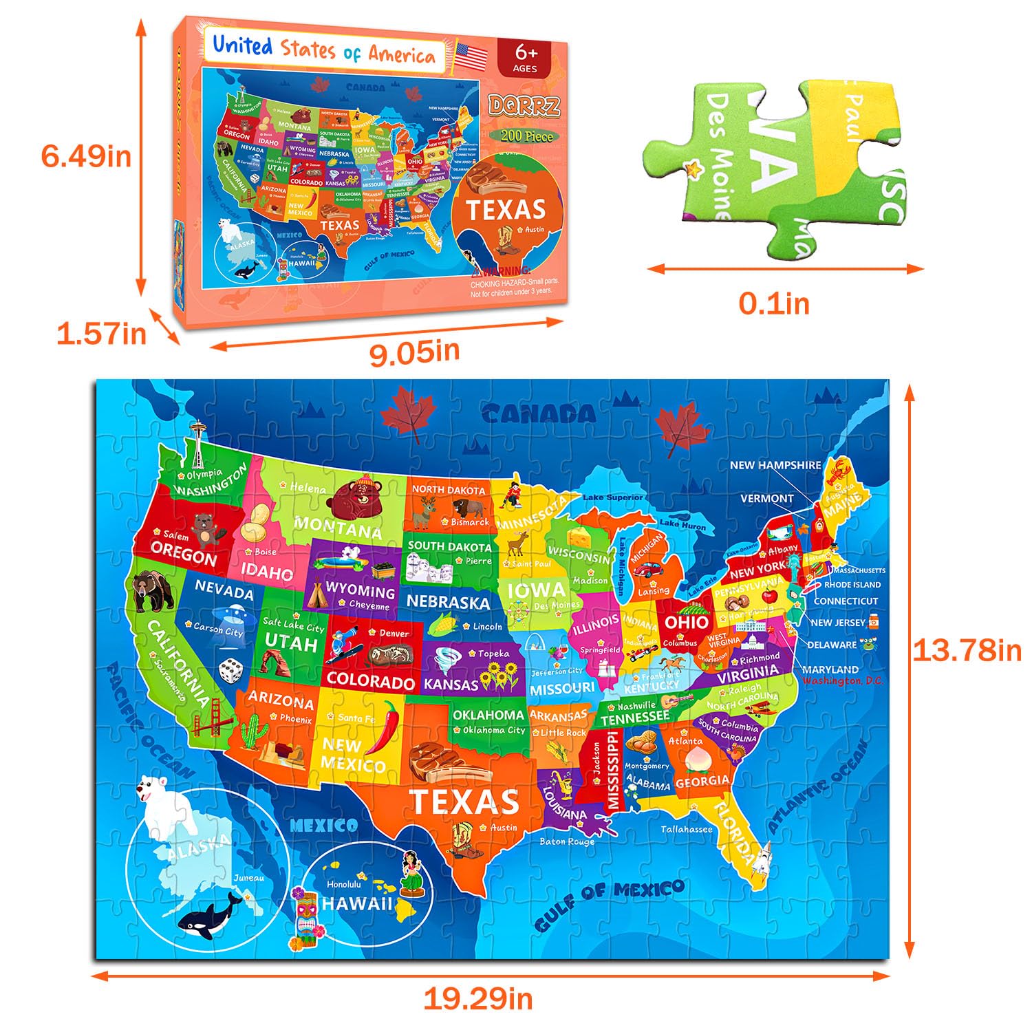Puzzles für Kinder im Alter von 6-8 Jahren 8-10 - 200 Teile Vereinigte Staaten und USA Puzzle | Lernspielzeug in den USA, buntes Kinderpuzzle für 6, 7, 8, 9, 10, 11, 12 Jahre, Jungen und Mädchen. Urlaubsgeschenke