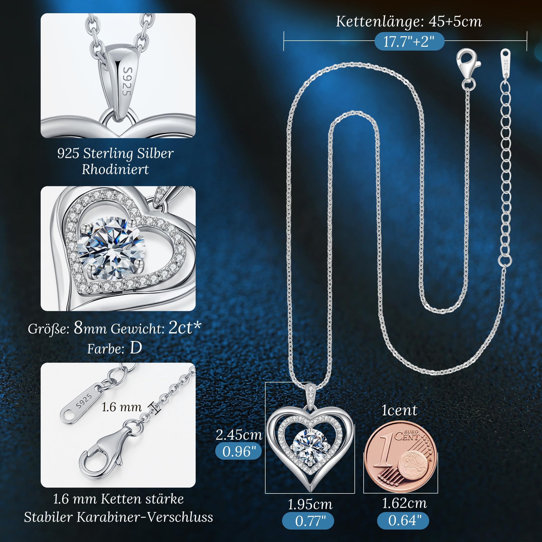 CDE Moissanit Halskette für Damen Silber 925 Kette Herz Schmuck Geschenk | Herz Halskette Geschenk für Frauen Weihnachten Muttertags Weihnachten Valentinstag Geburtstags Geschenk Hochzeit Jubiläum