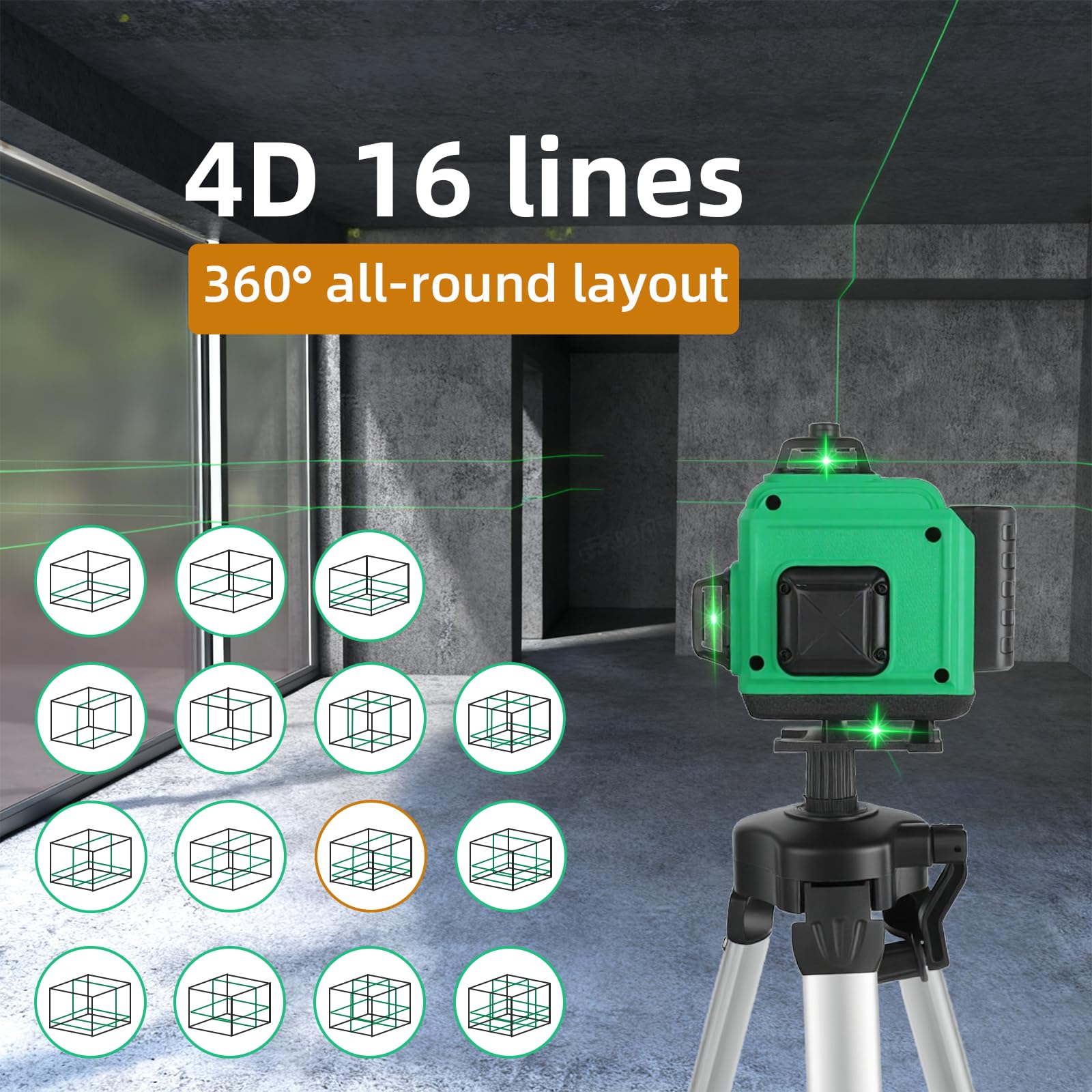 Kreuzlinienlaser mit Stativ, Multifunktionaler 4D-Laser mit 16 Linien,laser wasserwaage mit stativ, USB-wiederaufladbares Lithium-Batterie-Nivelliergerät mit,2 * 2400 mAh Batterien Green