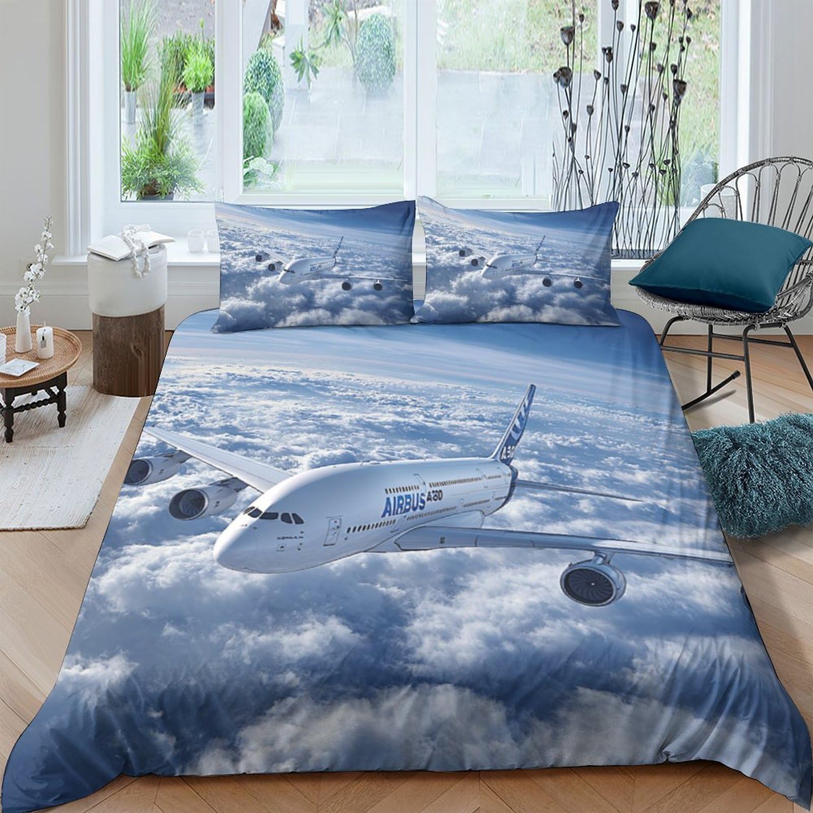 Ctjqhvkz Style-10 3D Printed Blue Sky Clouds Fitted Sheet Microfiber Soft Airplane Bed Cover For Bedroom Dorm Mattress Protection Single（135X200cm）