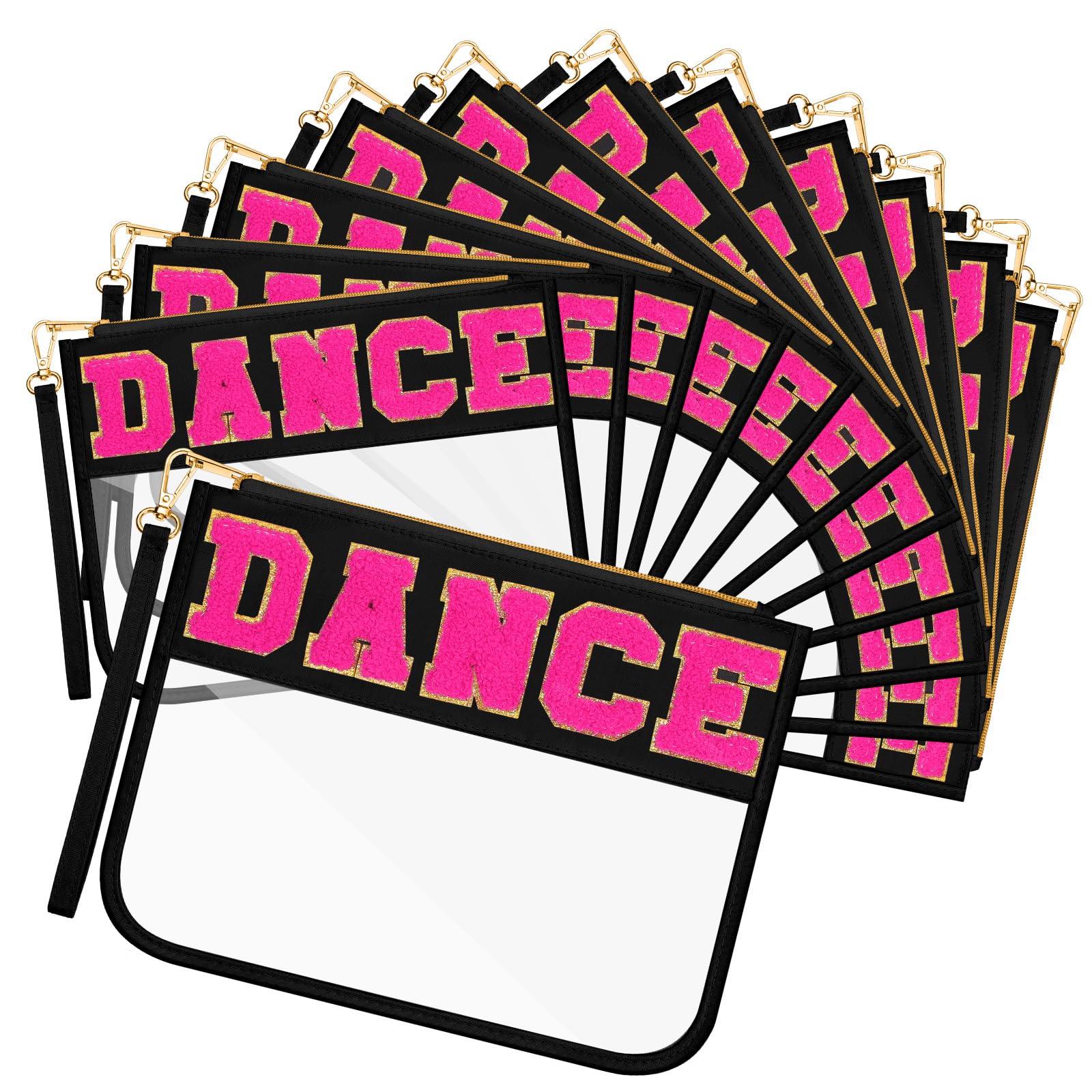 Abbylike 12 Pcs Snack Bags Chenille Letter Dance Zipper Pouch Waterproof PVC Large Travel Makeup Cosmetic Storage Organizer for Mom Team Cheerleaders