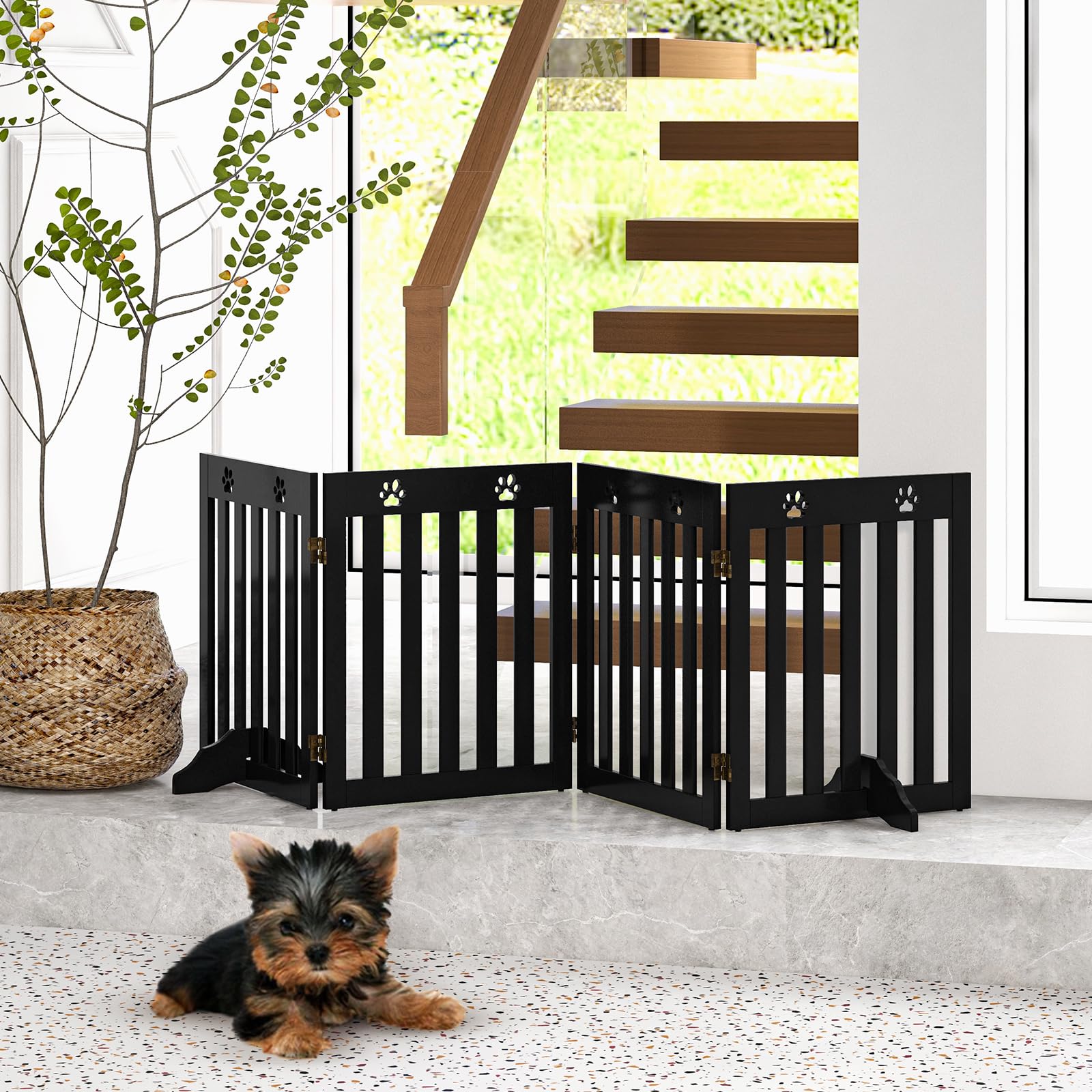 COSTWAY Absperrgitter Hunde, Schutzgitter Holz, Kindergitter klappbar, Treppengitter 60cm Hoch, Hundeabsperrgitter flexibel Türschutzgitter (4 Paneelen, Braun)