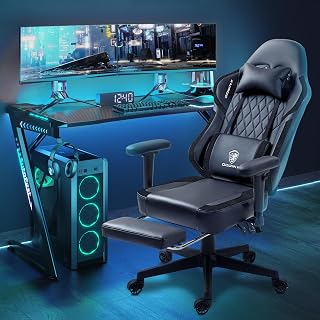 Dowinx LS-66T50EJP Gaming Chair with Pocket Spring Cushion and Hanger, Massage Game Chair Pu Leather with Headrest, Ergonomic Computer Chair with Footrest 300lbs for Adult, Black Grey