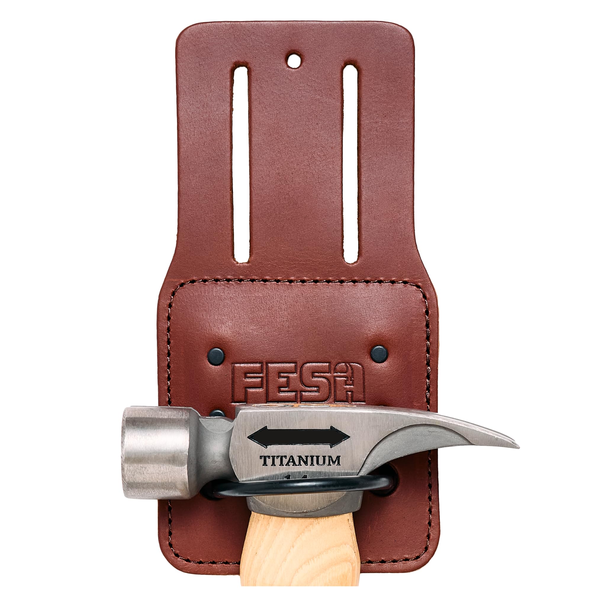 FESA Leather Hammer Holder for Belt - Top Grain Leather Hammer Holster with Steel Hammer Loop & Reinforced Heavy Duty Rivets - Fits Belts up to 3" -