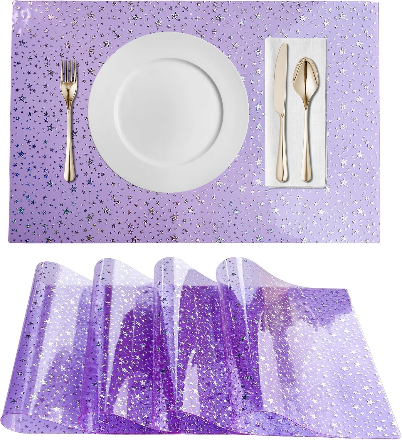 Kasepie Crystal Clear Plastic Placemats Set of 4 - Waterproof & Heat Resistant Vinyl Table Protector, Wipeable Place Mats 17.5x12inch (Purple+Star)