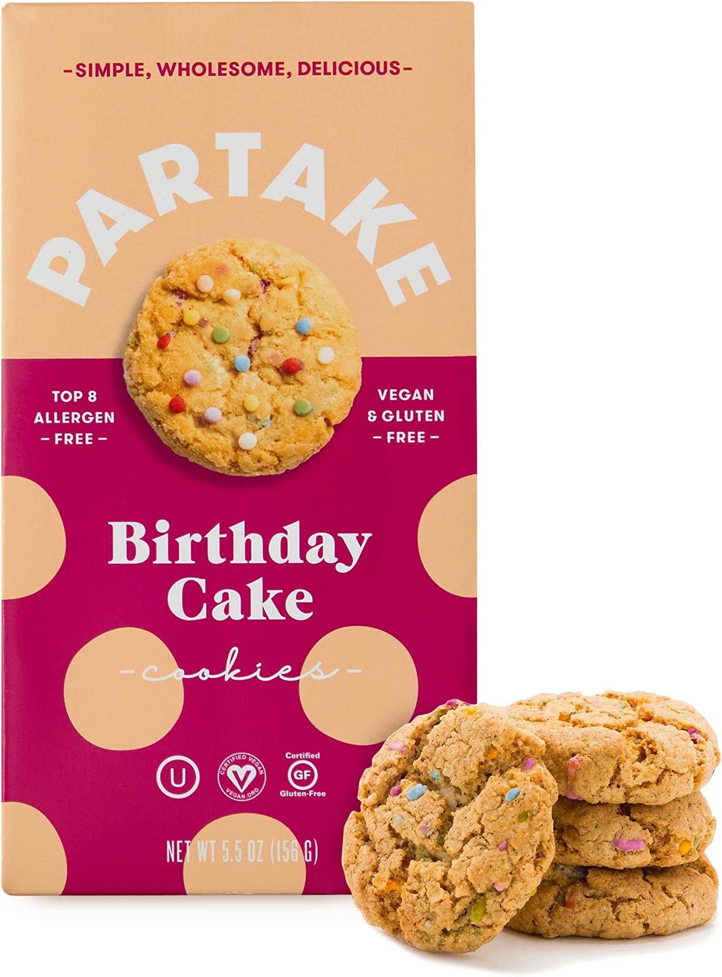 Partake Crunchy Cookies - Birthday Cake | 4 Boxes | Vegan & Gluten Free | Free of Top 8 Allergens- Dairy Free, Nut Free, Egg Free, Wheat Free, Soy Free, Fish Free | 5.5 Oz | 15 Cookies Each
