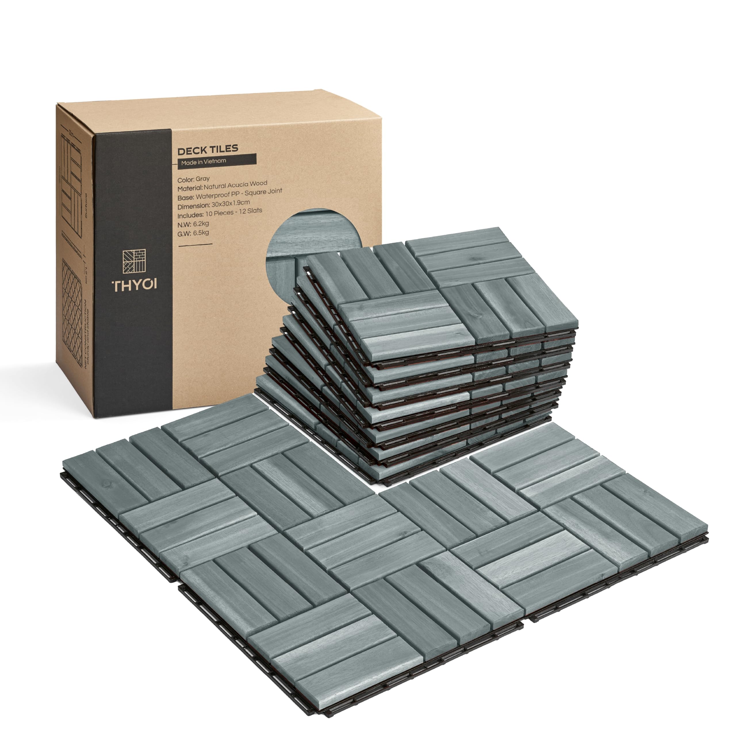 Lot de 10 dalles de terrasse emboîtables en acacia, 30,5 x 30,5 cm, résistantes à l'eau pour intérieur et extérieur, couleur grise, joint carré, motif à rayures (12 lattes)