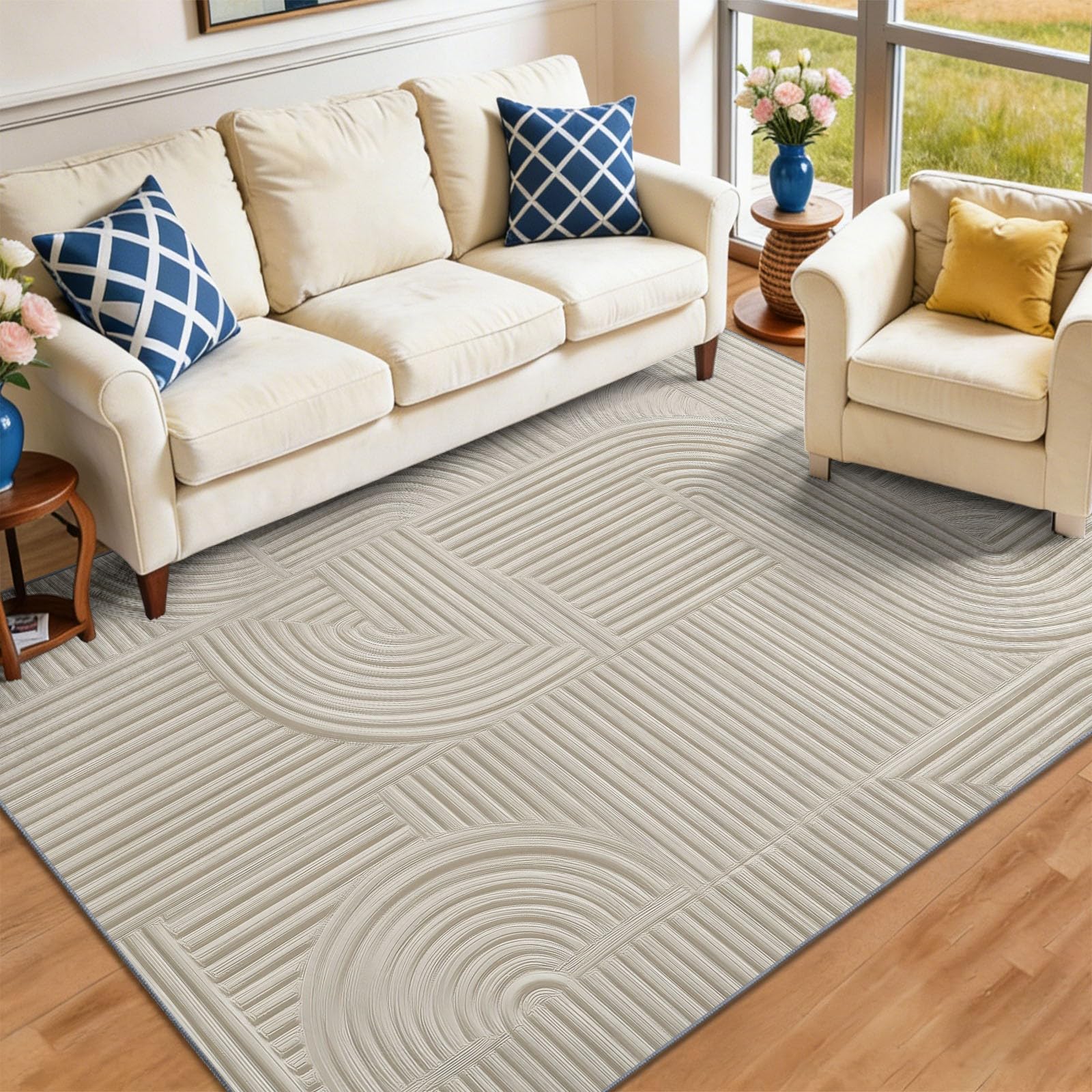 Modern Abstrakt Hellbeige Teppich - Rutschfester Waschbarer Niedriger Flor Teppich für Wohnzimmer, Schlafzimmer, Kinderzimmer, Esszimmer, Büro - Geometrisch Gitter Streifen, 120 x 170 cm