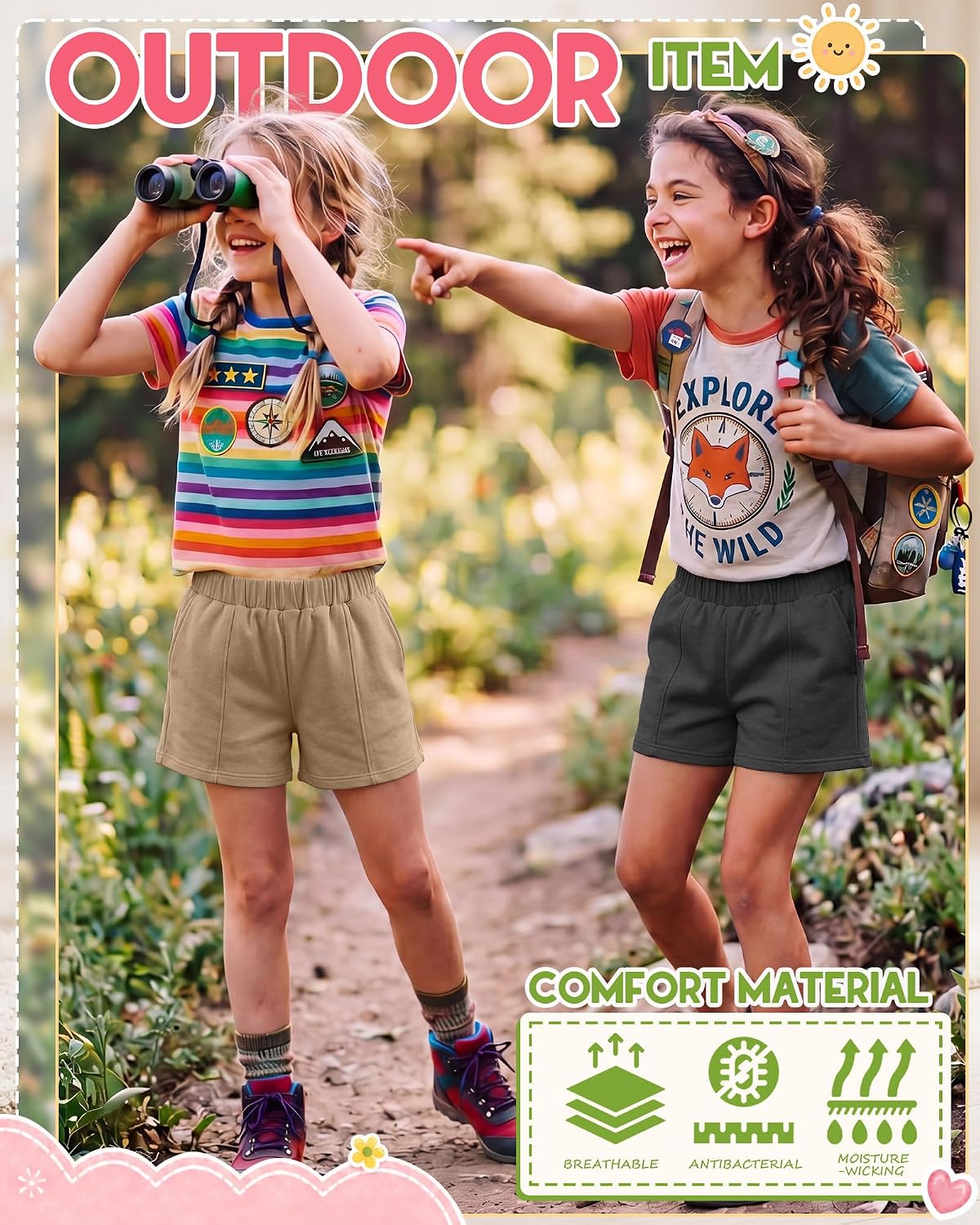 Ficerd 4 Pack Girls Shorts Teen Summer Built-in Drawstring Elastic Waist Athletic Shorts with Pockets for Kids 5-14 Years