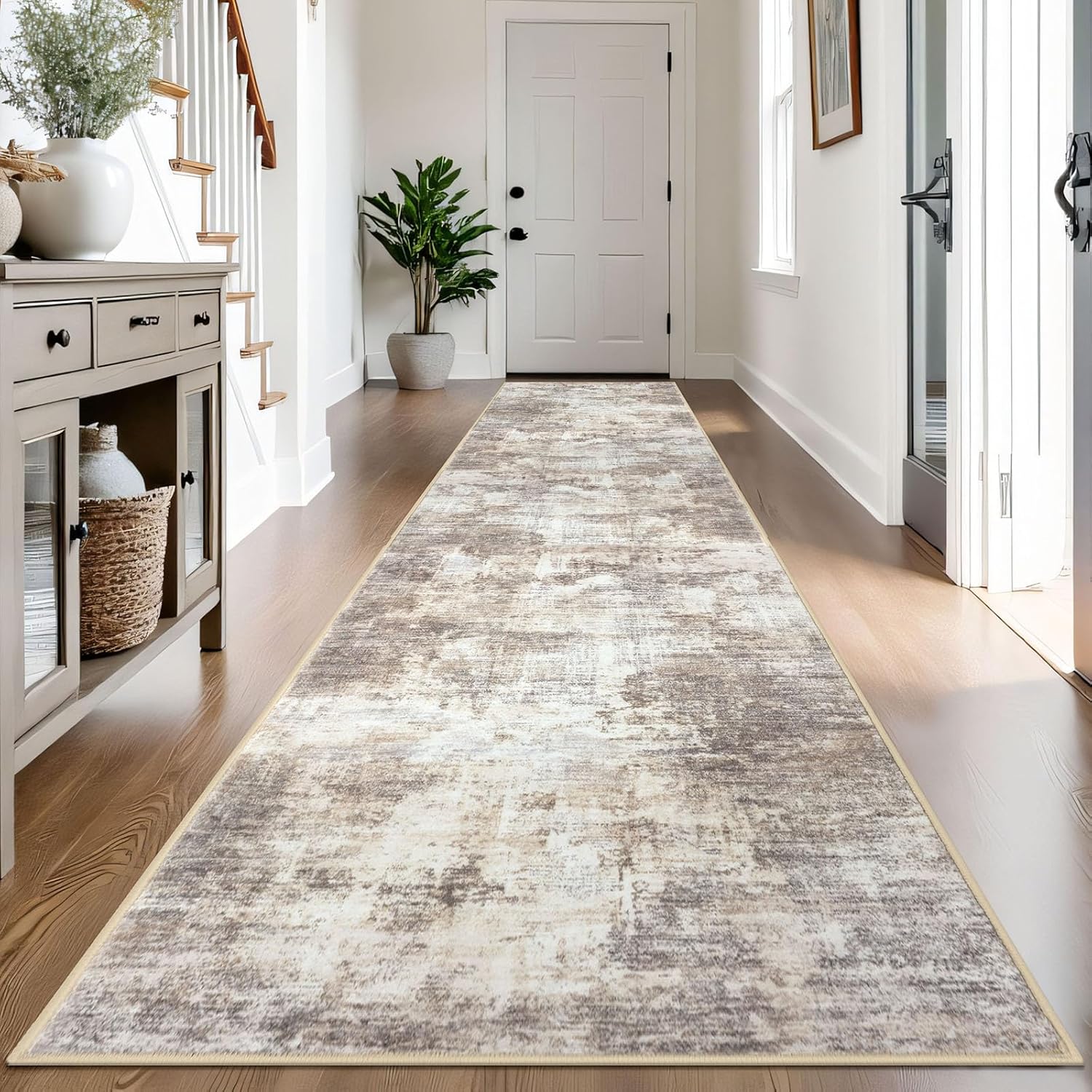 IOHOUZE Abstract Runner Rug 3x14 Ft Washable Runners for Hallways, Non Slip Kitchen Runner Printed Faux Wool Entryway Runner Indoor, Modern Abstract Floor Carpet for Hall Stair, Beige Brown 3' x 14' (Runner) Gold/Yellow/Brown/Beige/White