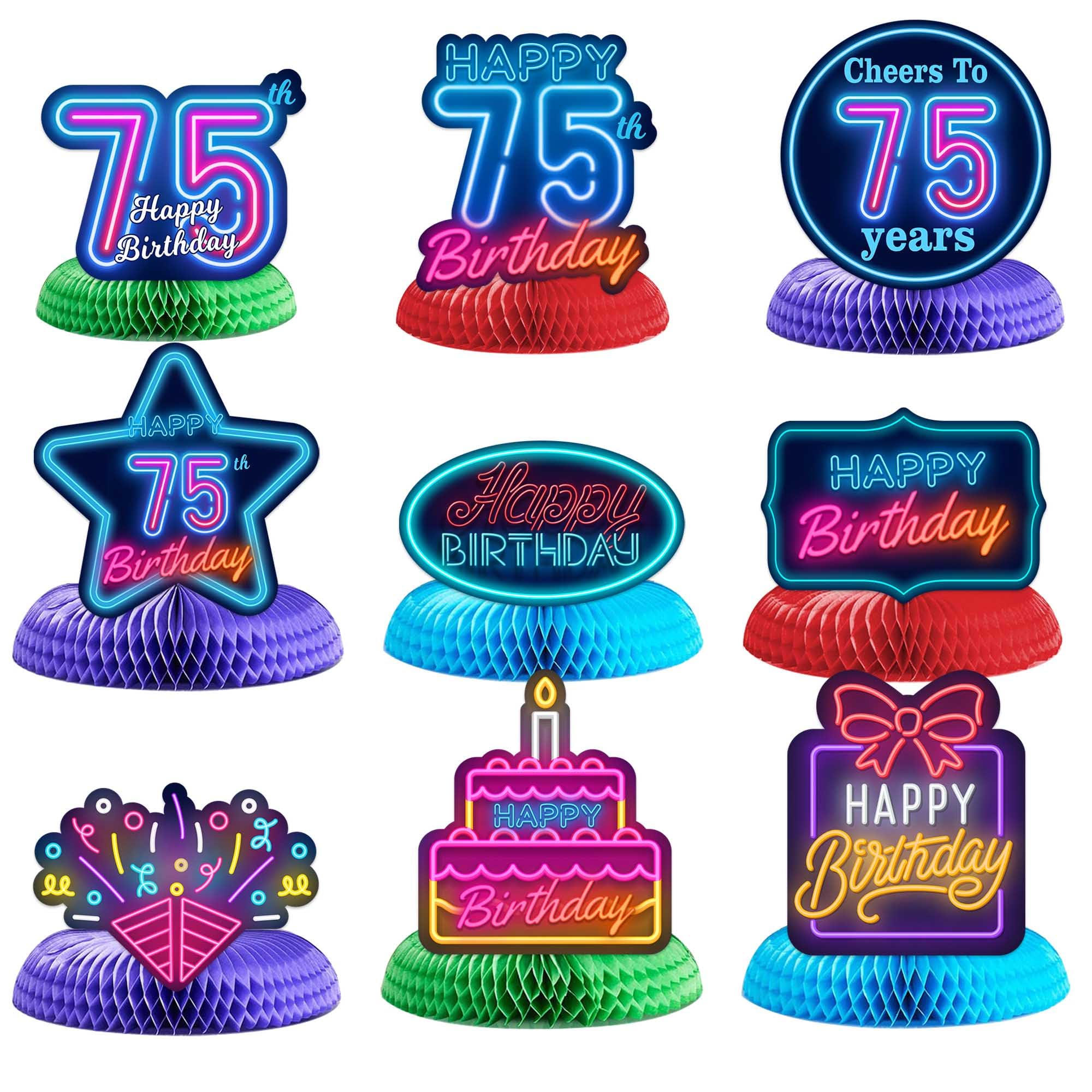 Happy 75th Birthday Neon Glow Theme Table Honeycomb Centerpieces Table Decorations Table Toppers for Let’s Glow Crazy Party Man Woman 75th Birthday Party Supplies Bday Supplies