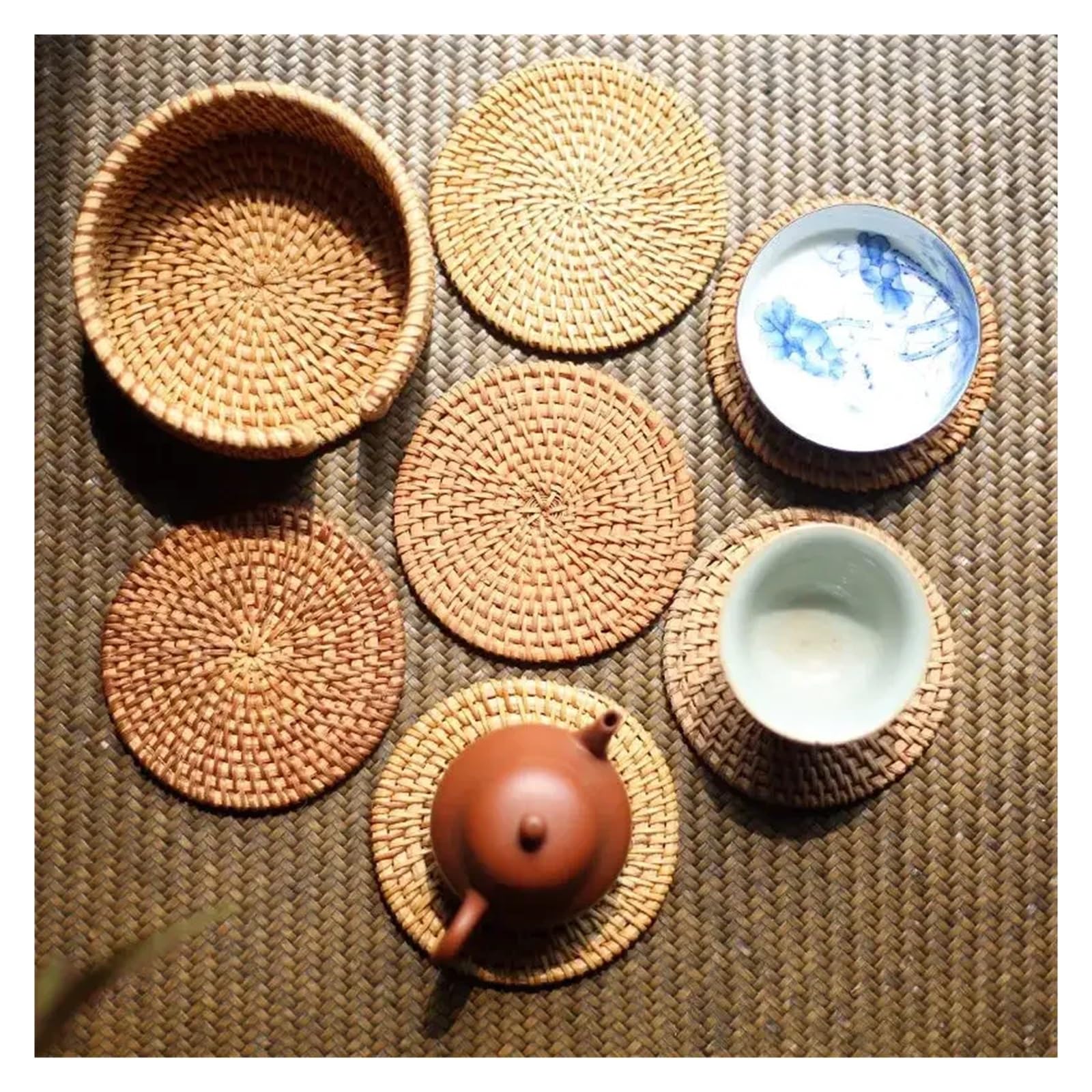 sous-Verres en rotin Fait à la Main, Ensemble de Vaisselle for cérémonie du thé, Dessous Verre Absorbant tissé, Bol isolé, 6 pièces
