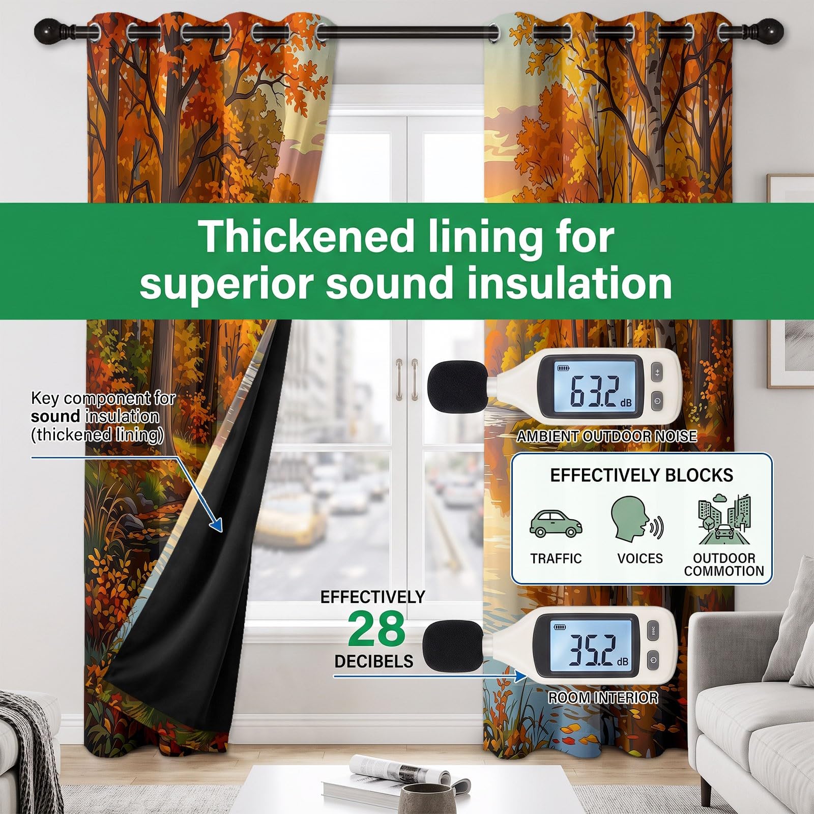 Blickdichte Vorhänge Set Natur Ländlich Landschaft mit Ösen, Herbst Wald Fluss Verdunklungsvorhänge Thermo Isoliert 2 Stück - Bedruckte Gardinen Deko für Wohnzimmer Schlafzimmer 229 x 117 cm (H x B)