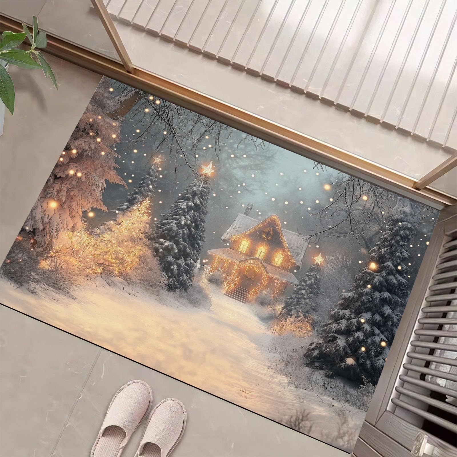 Tapis Noël antidérapant et absorbant grand paillasson essuie-pieds motif sapin étoiles