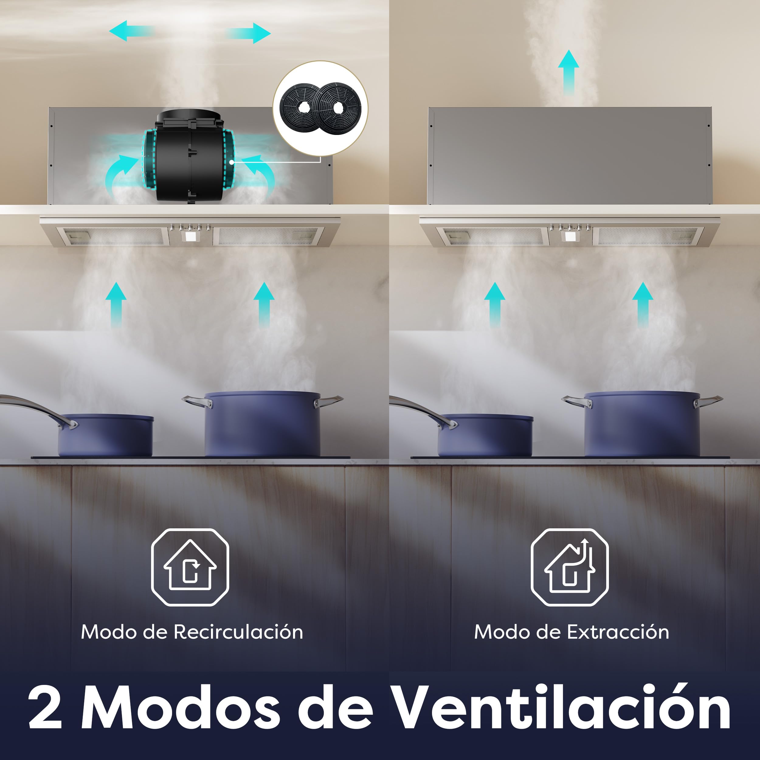 CIARRA Campana Extractora Encastrable 52cm,A++,Filtro Carbón CBCF002X2 | 404 m³/h | Recirculación/Evacuación | 3 Velocidades | Luz LED | Extractor de Cocina Integrado CBCS5937A